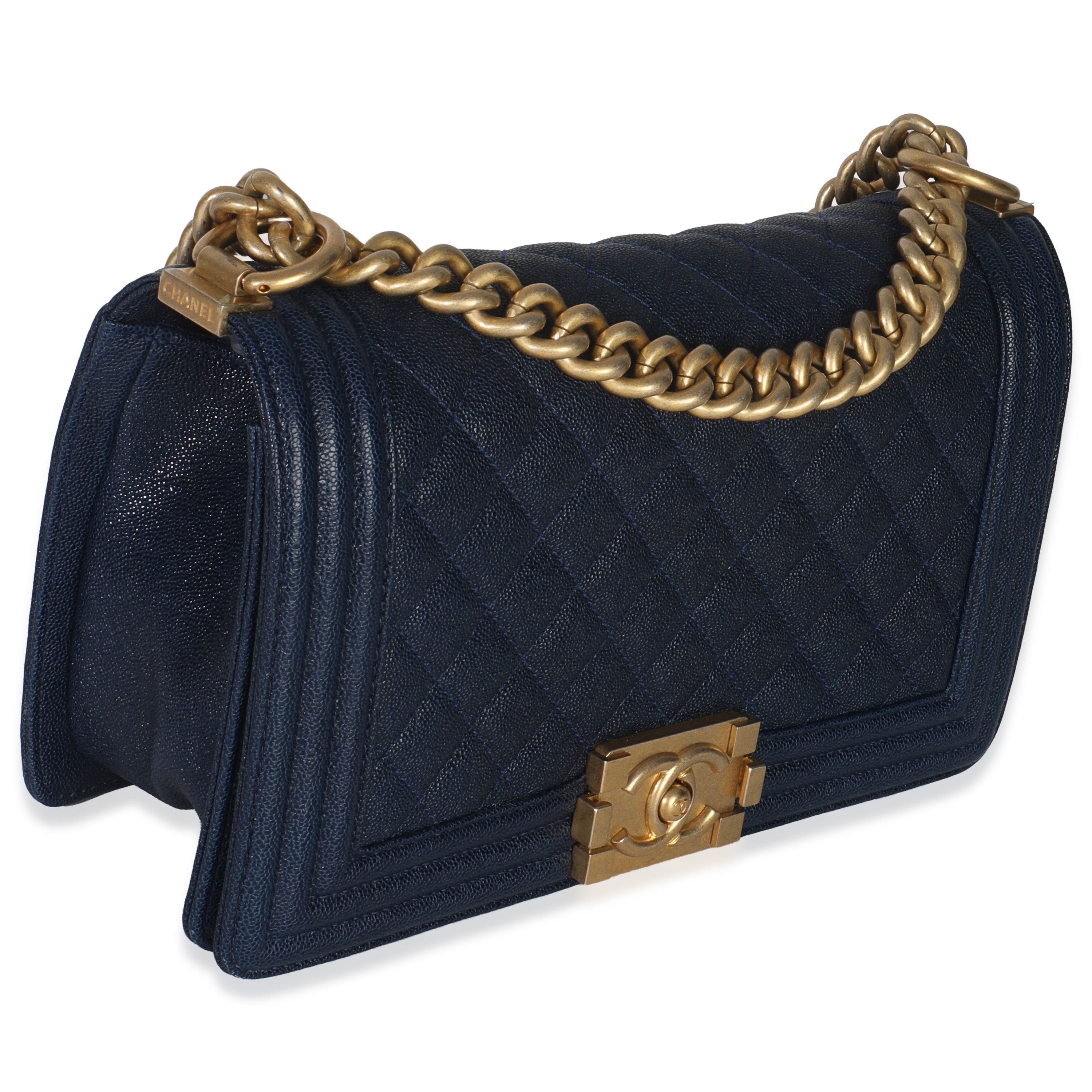 Chanel Navy Quilted Caviar Old Medium Boy Handbag