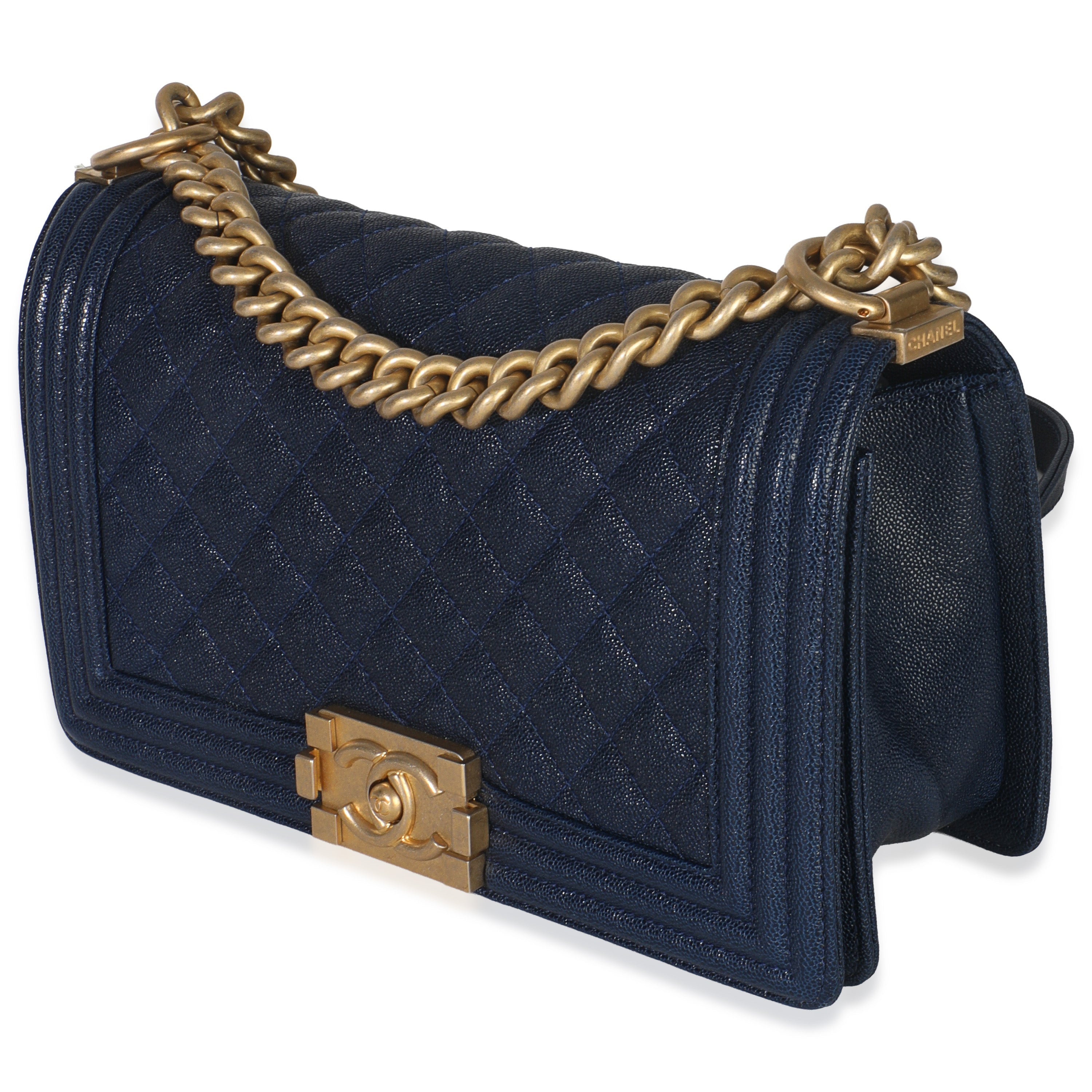 Chanel Navy Quilted Caviar Old Medium Boy Handbag