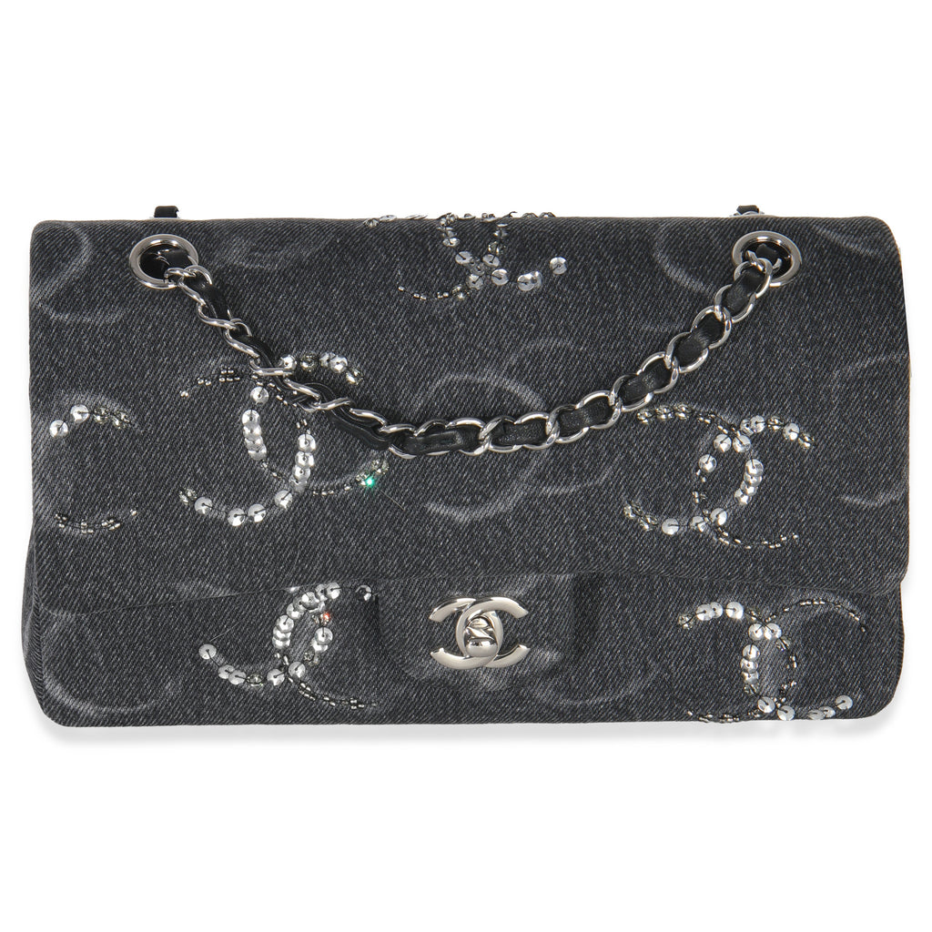 Chanel Black Denim Sequin CC Medium Classic Double Flap Bag