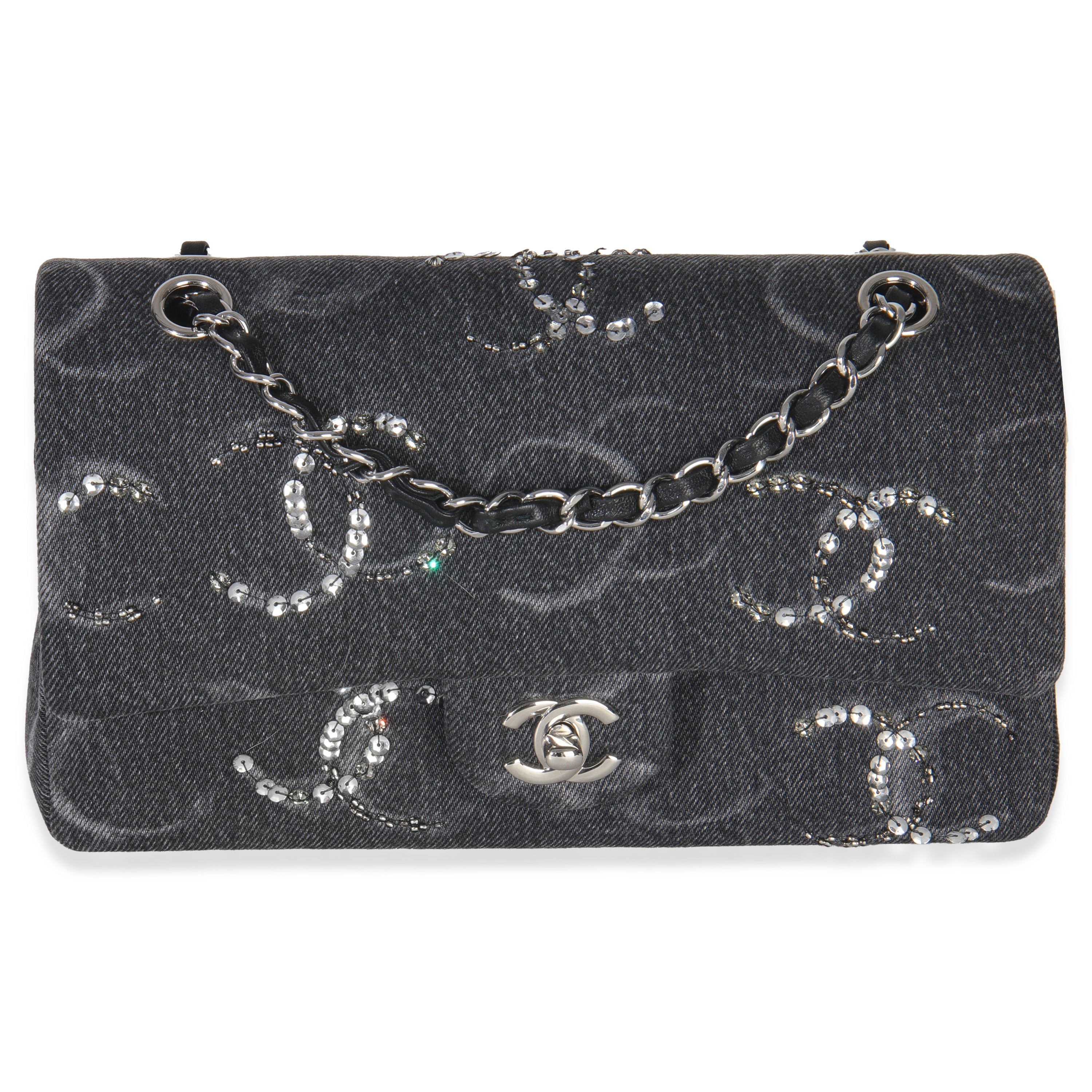 Chanel Black Denim Sequin CC Medium Classic Double Flap Bag