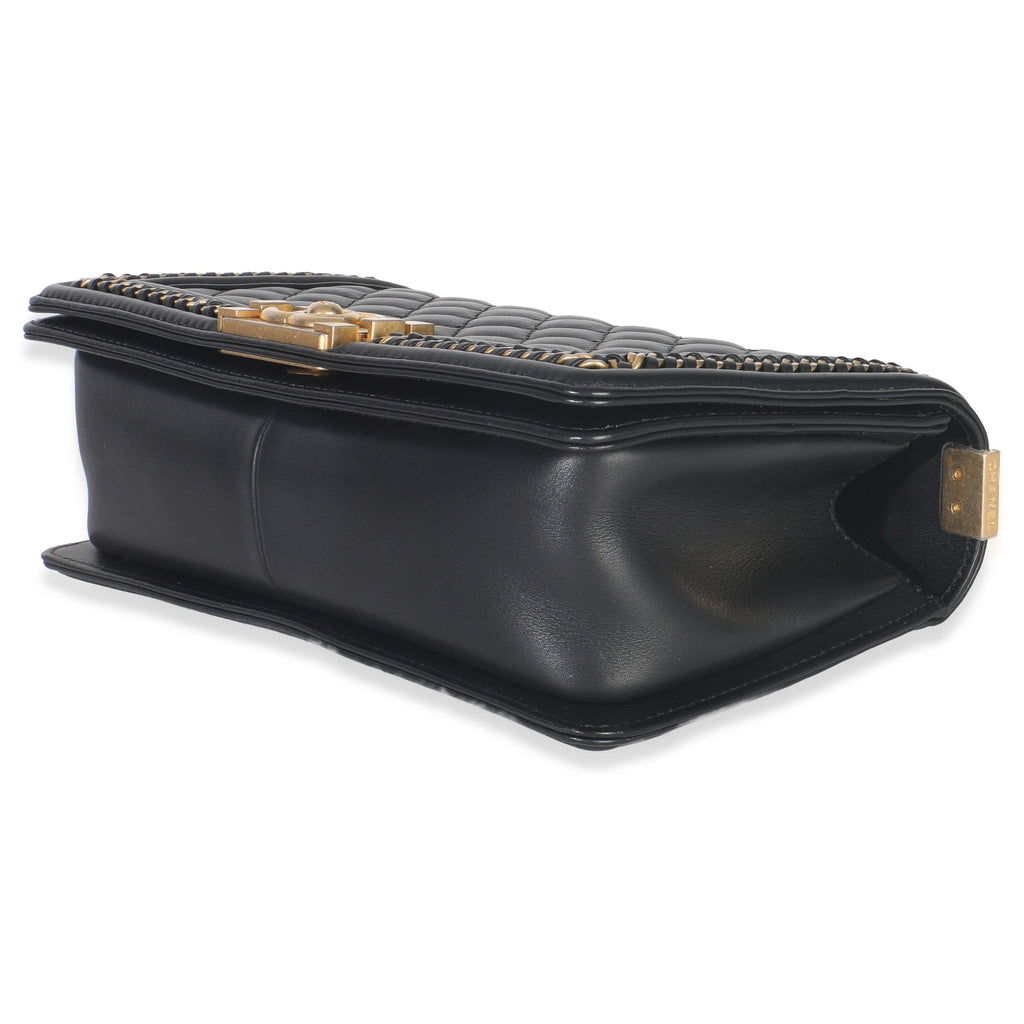 Chanel Black Quilted Calfskin Interwoven Chain Top Handle Boy Bag