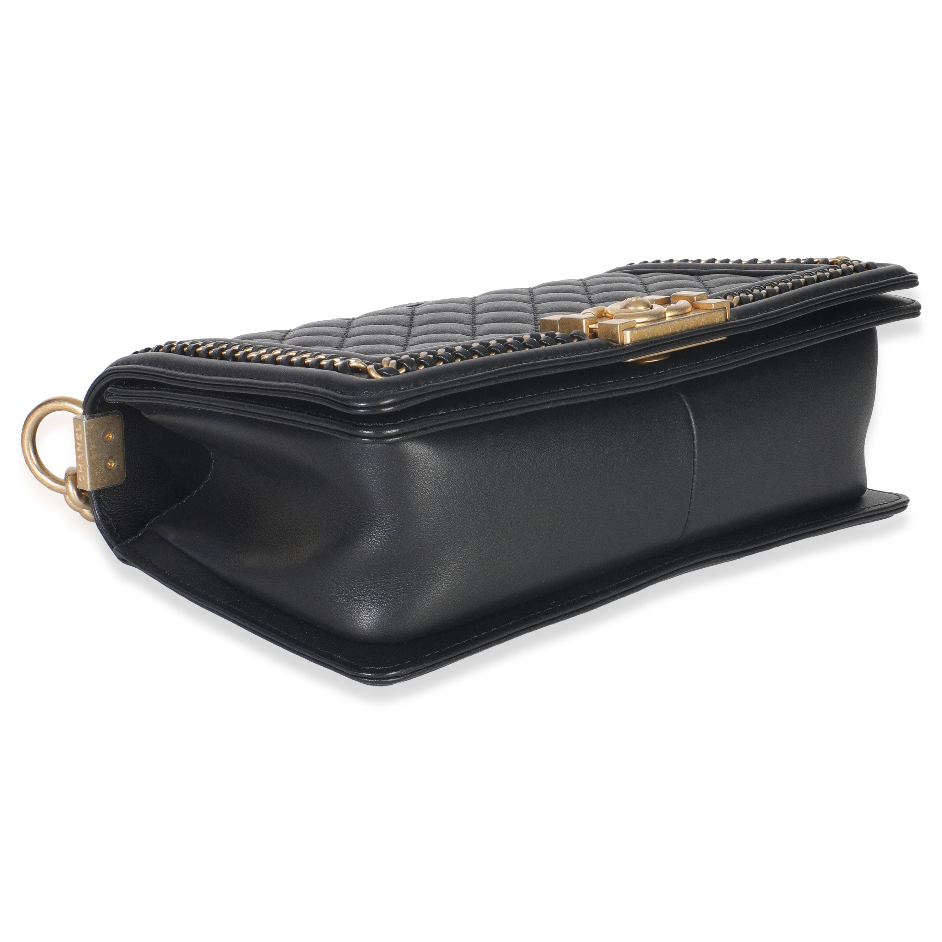 Chanel Black Quilted Calfskin Interwoven Chain Top Handle Boy Bag
