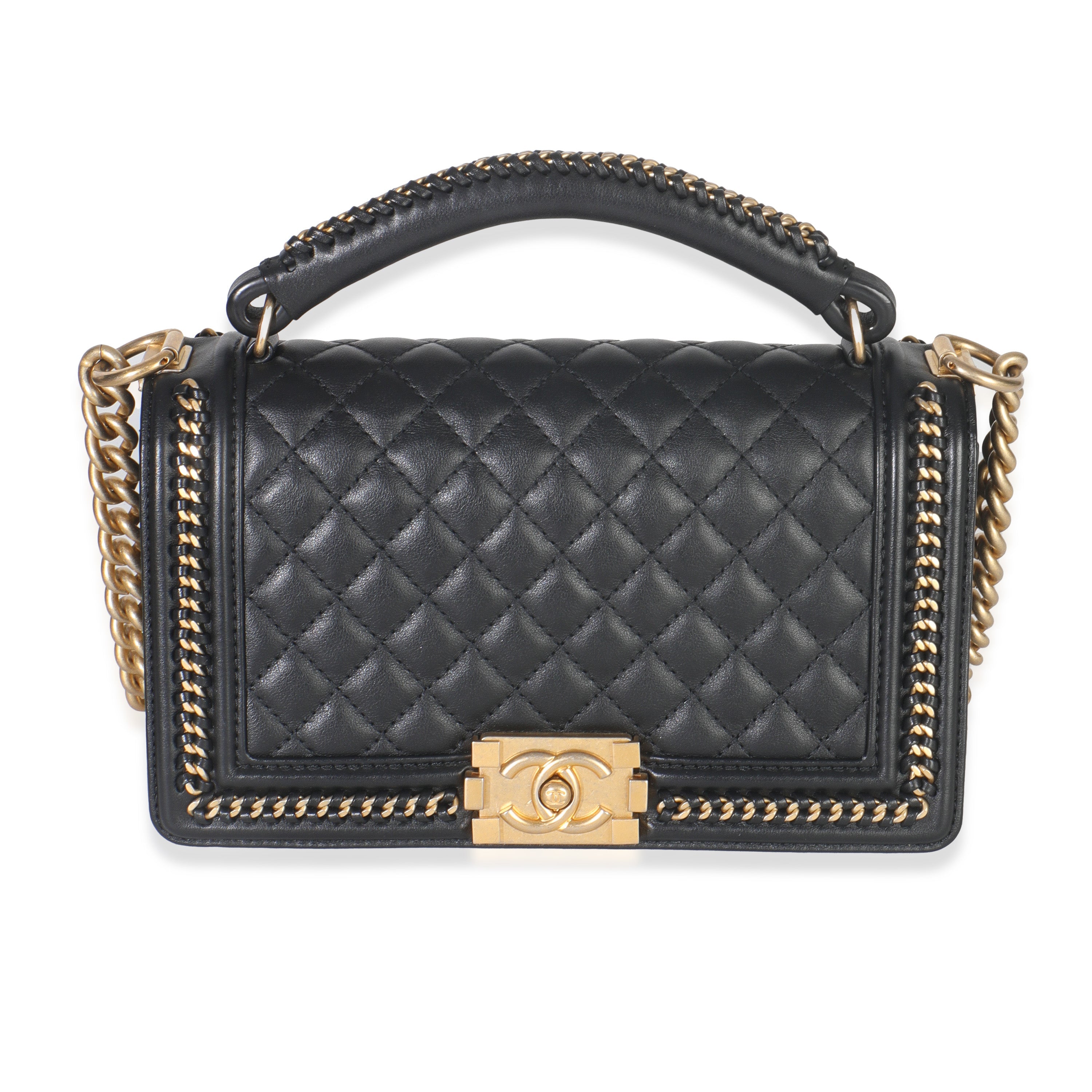 Chanel Black Quilted Calfskin Interwoven Chain Top Handle Boy Bag