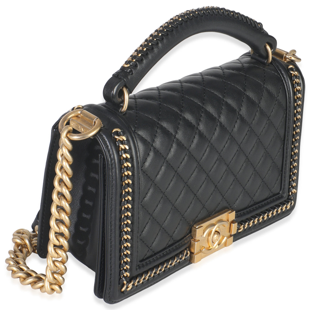 Chanel Black Quilted Calfskin Interwoven Chain Top Handle Boy Bag
