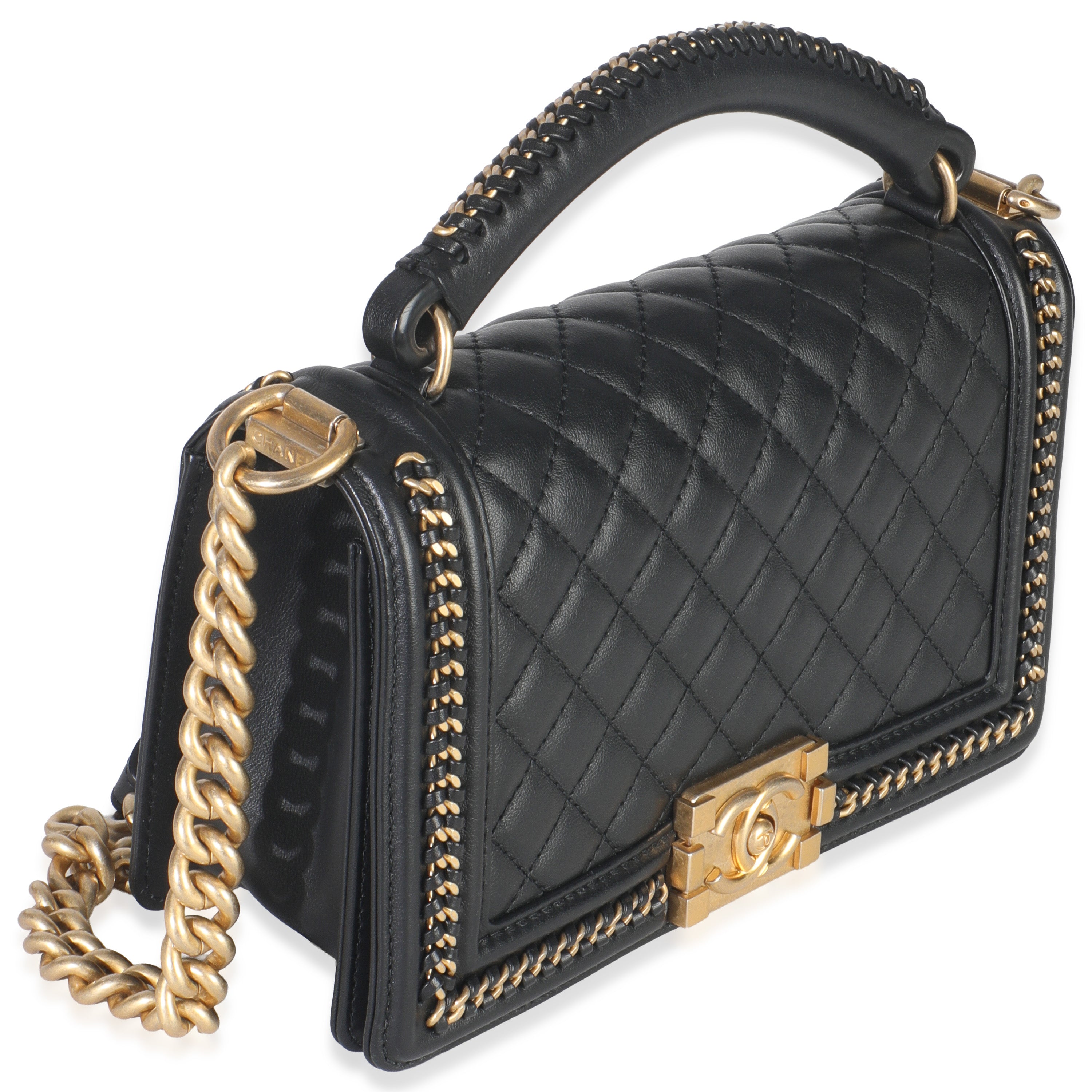 Chanel Black Quilted Calfskin Interwoven Chain Top Handle Boy Bag