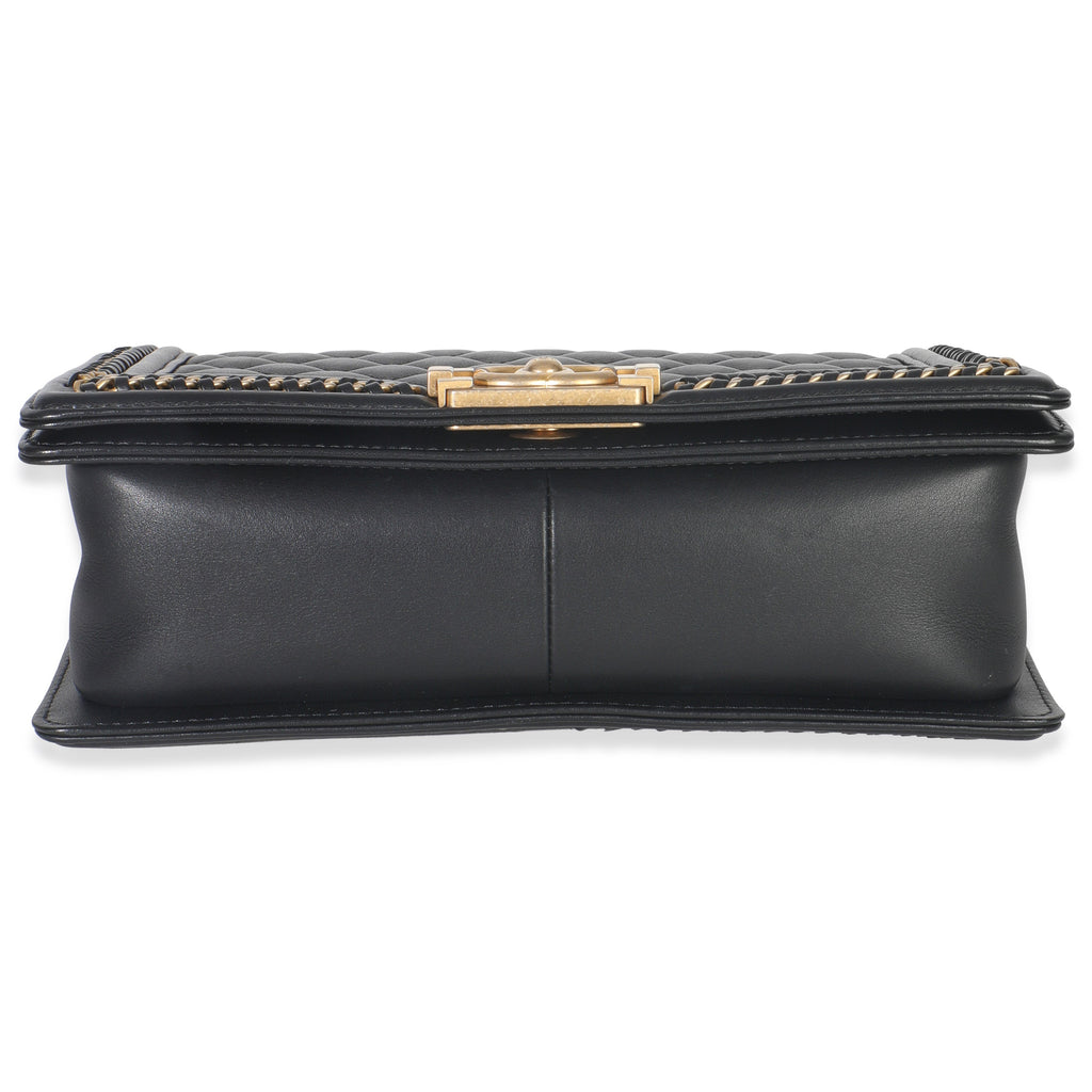 Chanel Black Quilted Calfskin Interwoven Chain Top Handle Boy Bag