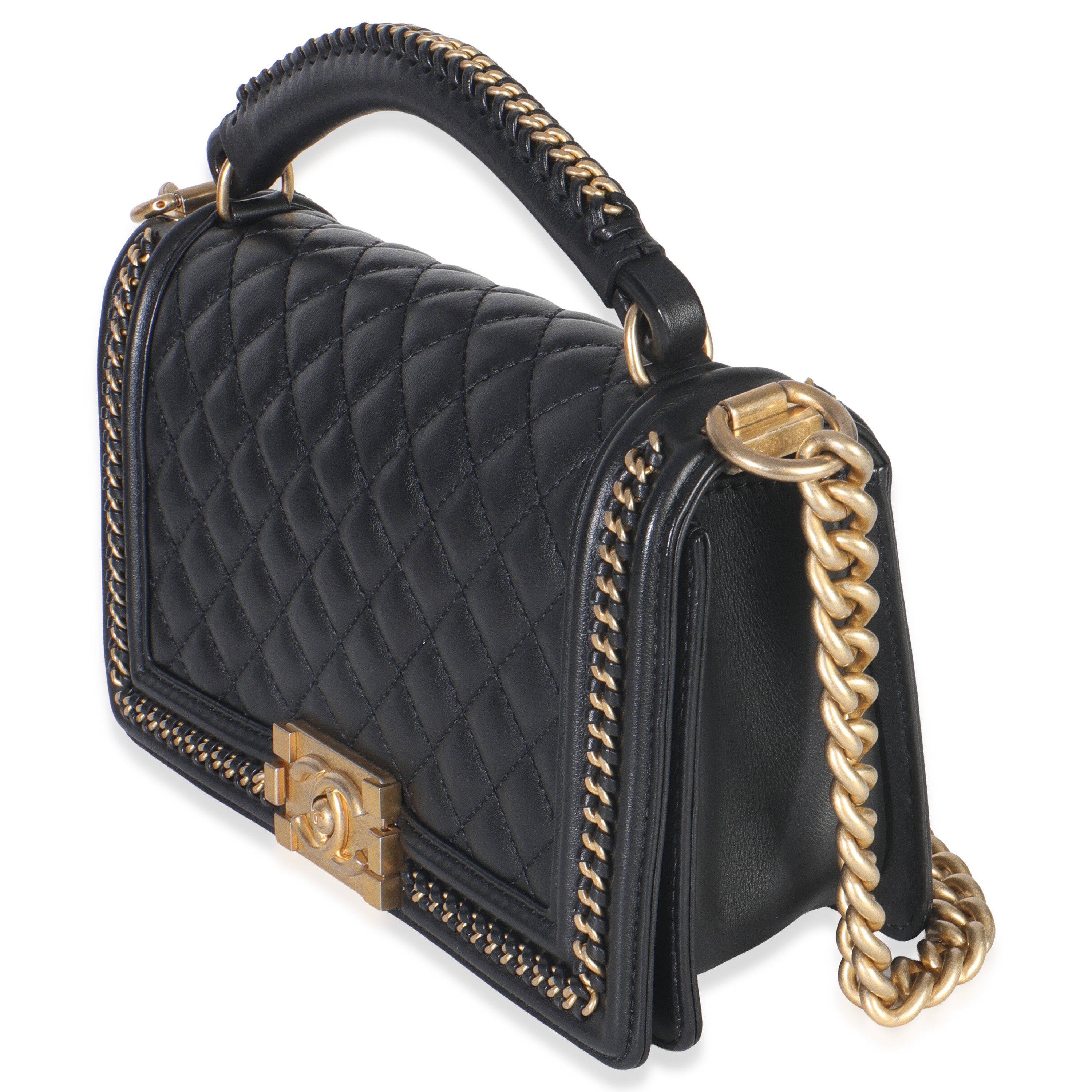 Chanel Black Quilted Calfskin Interwoven Chain Top Handle Boy Bag