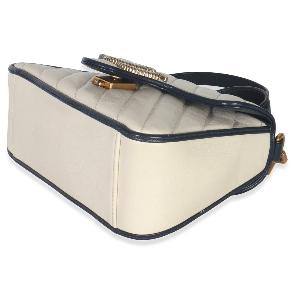 Gucci Navy White Calfskin Matelasse Diagonal Torchon Mini GG Marmont Top Handle