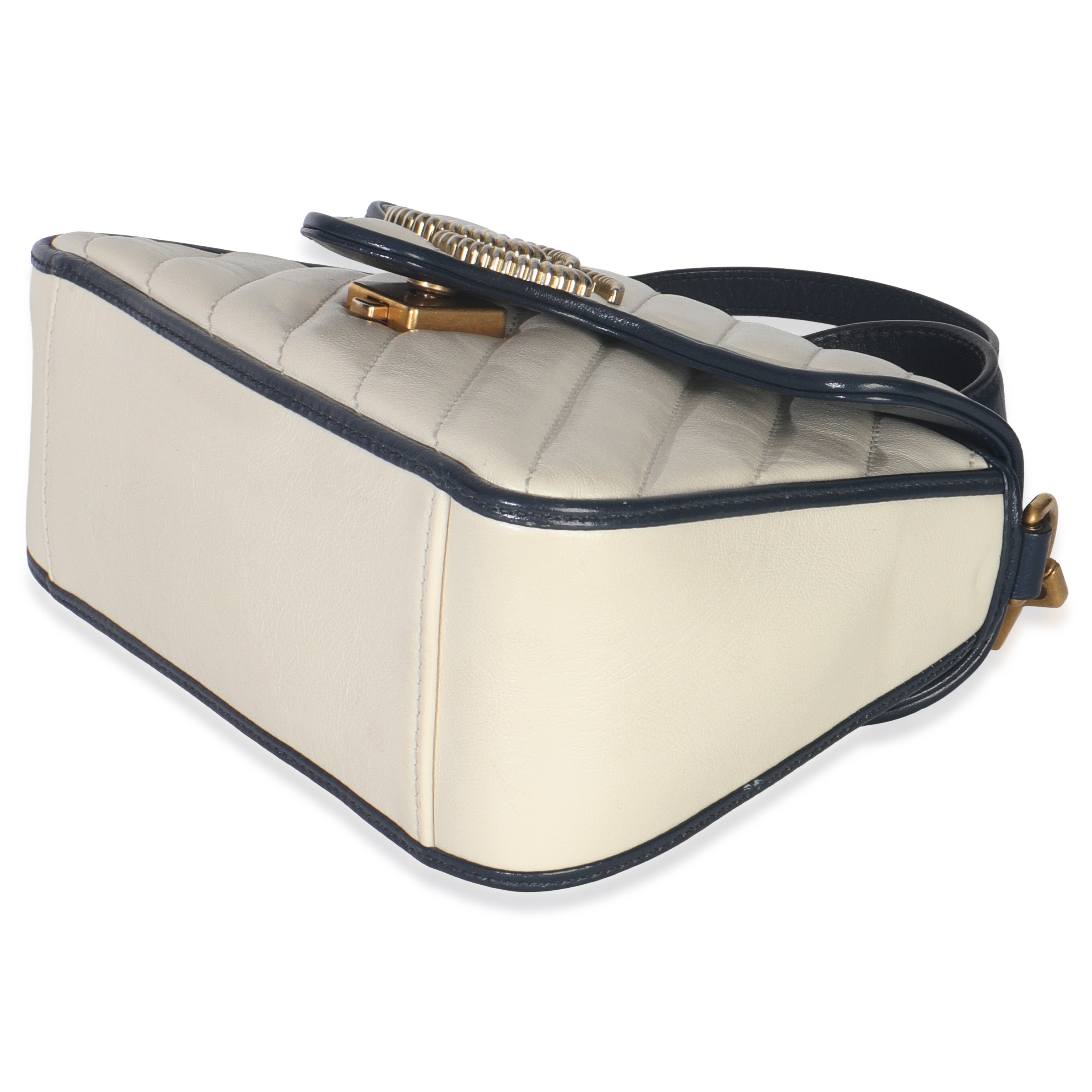 Gucci Navy White Calfskin Matelasse Diagonal Torchon Mini GG Marmont Top Handle