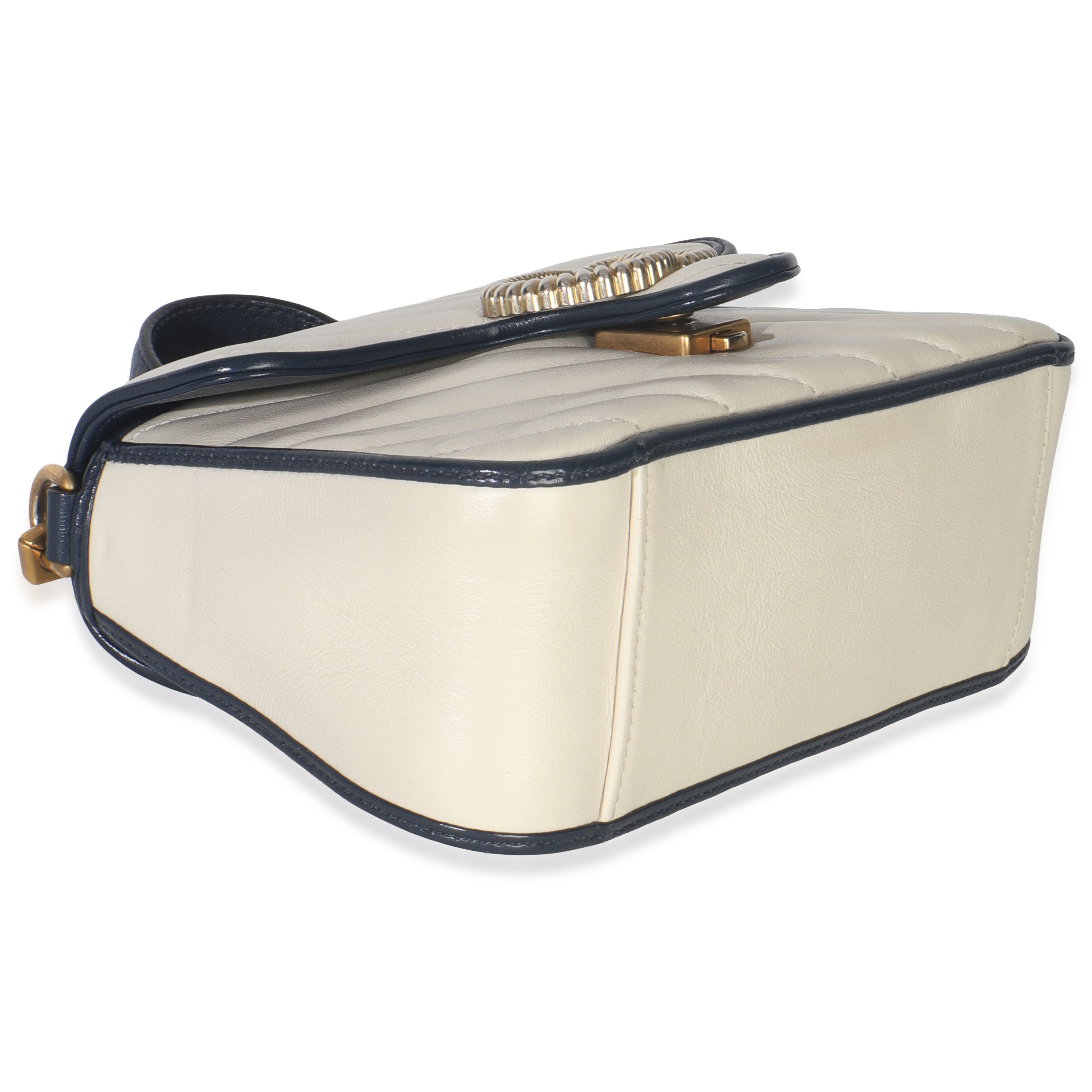 Gucci Navy White Calfskin Matelasse Diagonal Torchon Mini GG Marmont Top Handle