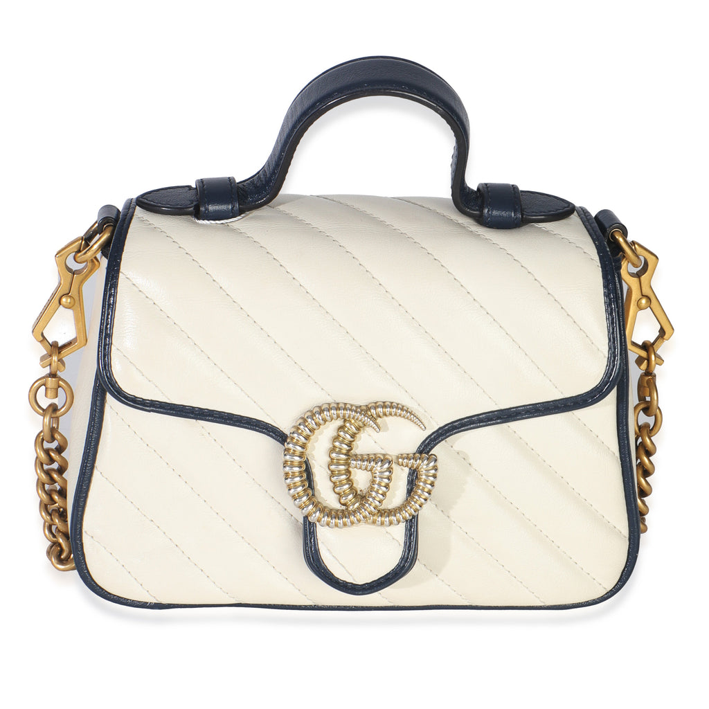 Gucci Navy White Calfskin Matelasse Diagonal Torchon Mini GG Marmont Top Handle