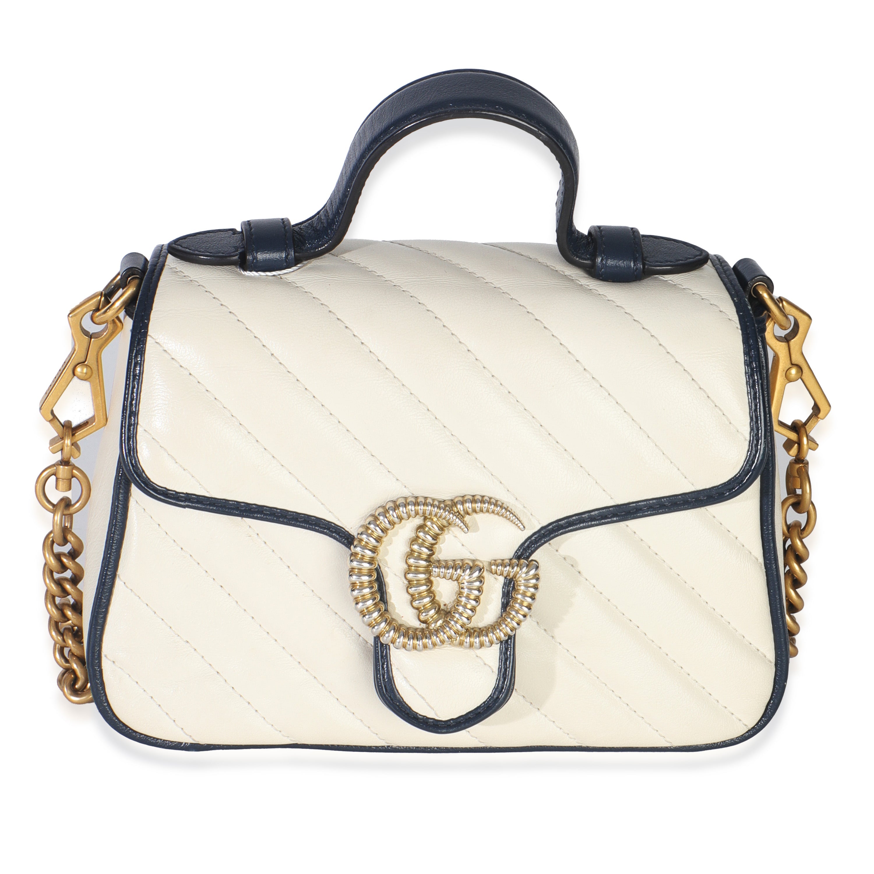 Gucci Navy White Calfskin Matelasse Diagonal Torchon Mini GG Marmont Top Handle