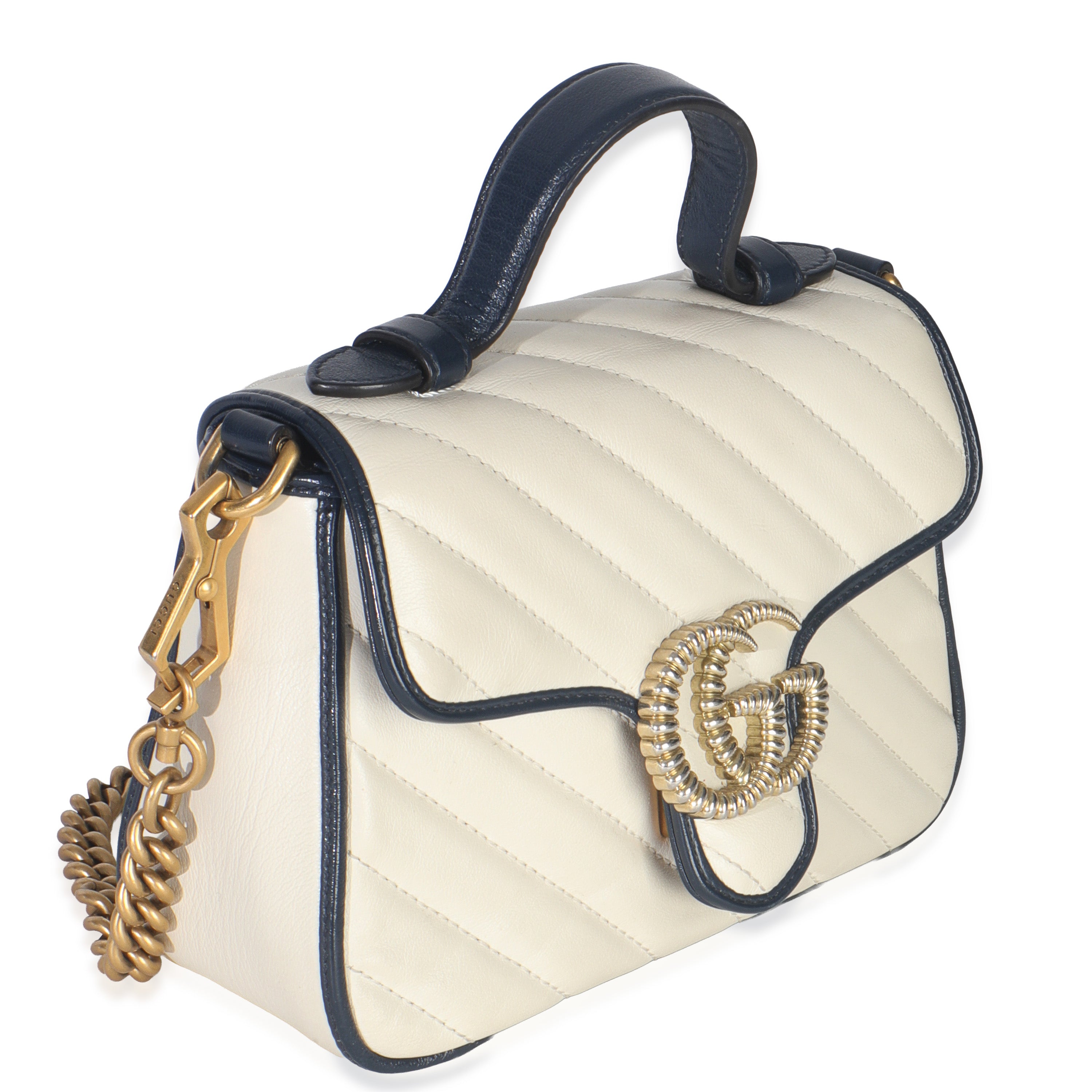 Gucci Navy White Calfskin Matelasse Diagonal Torchon Mini GG Marmont Top Handle