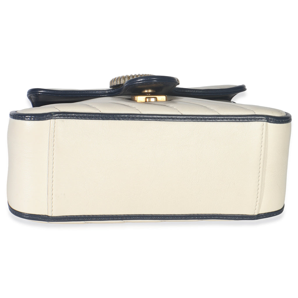 Gucci Navy White Calfskin Matelasse Diagonal Torchon Mini GG Marmont Top Handle
