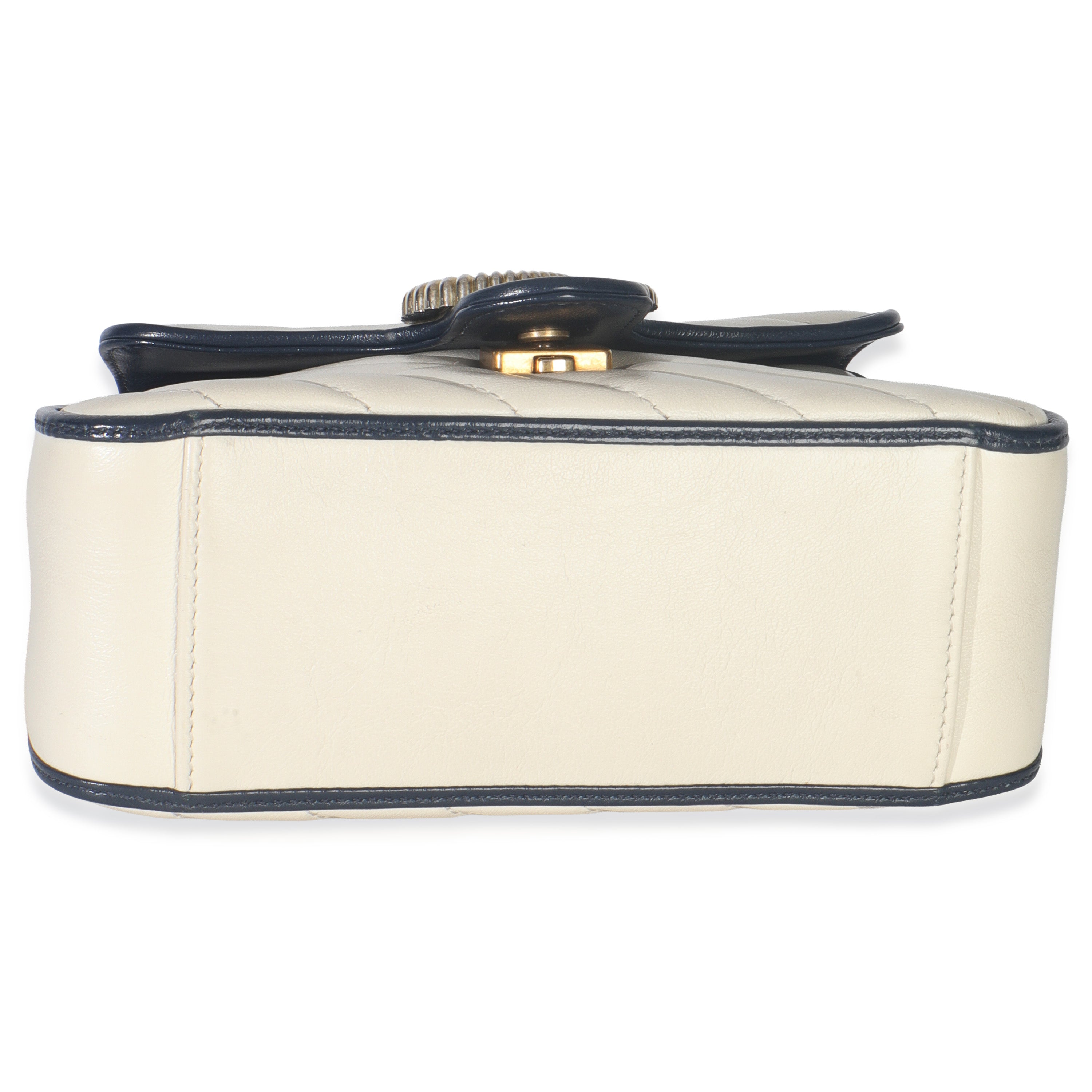 Gucci Navy White Calfskin Matelasse Diagonal Torchon Mini GG Marmont Top Handle