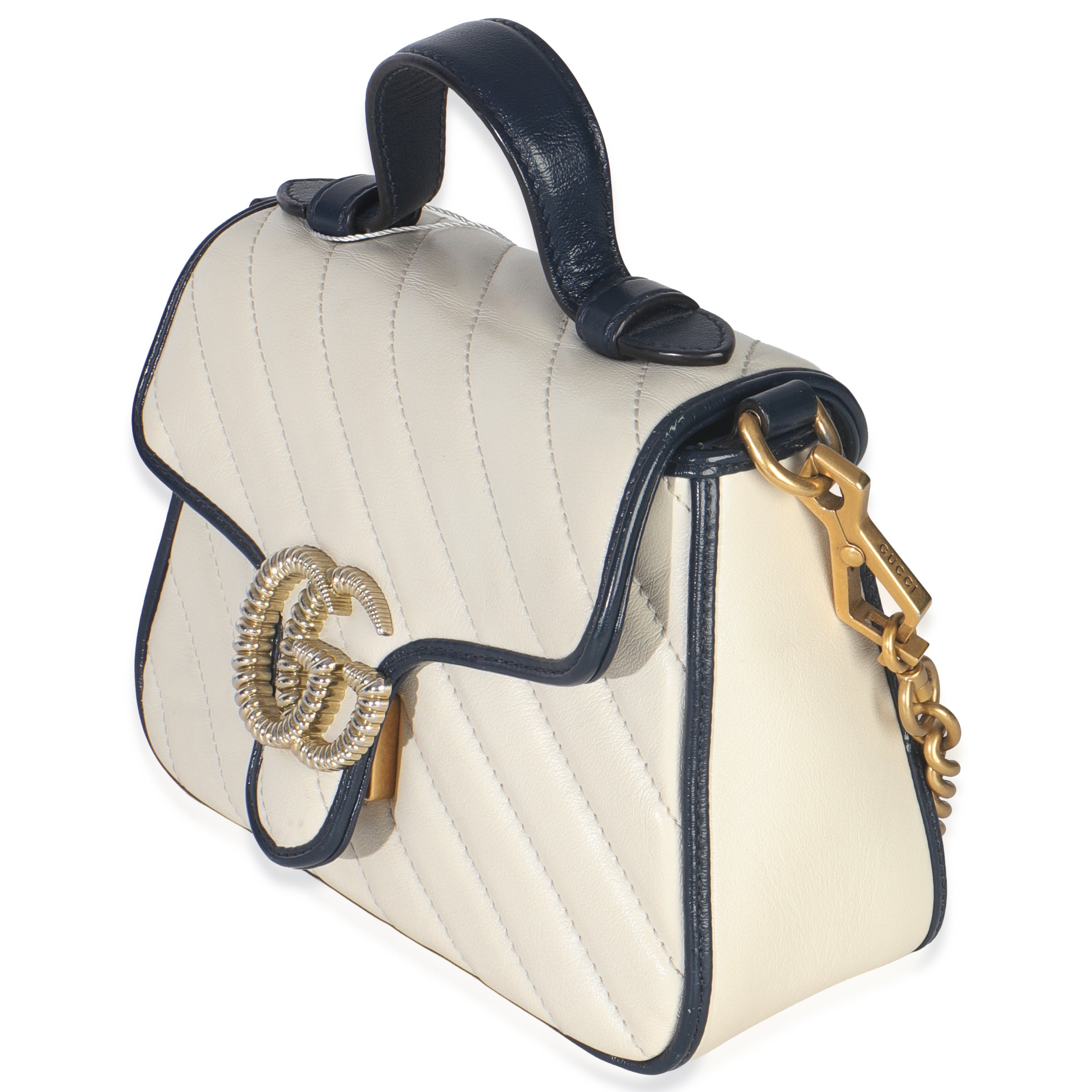 Gucci Navy White Calfskin Matelasse Diagonal Torchon Mini GG Marmont Top Handle