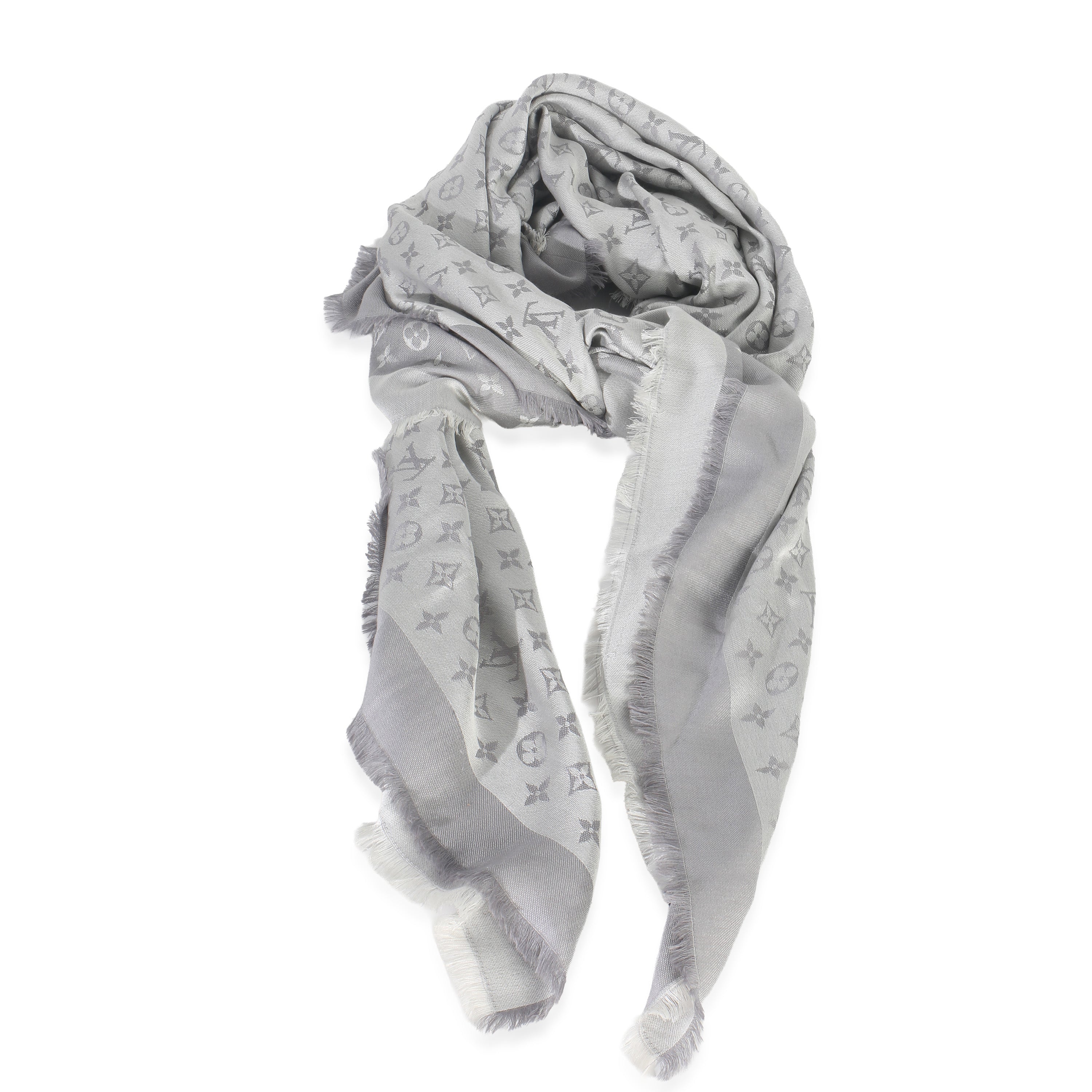 Louis Vuitton Pearl Grey Silk Wool Monogram Denim Shawl