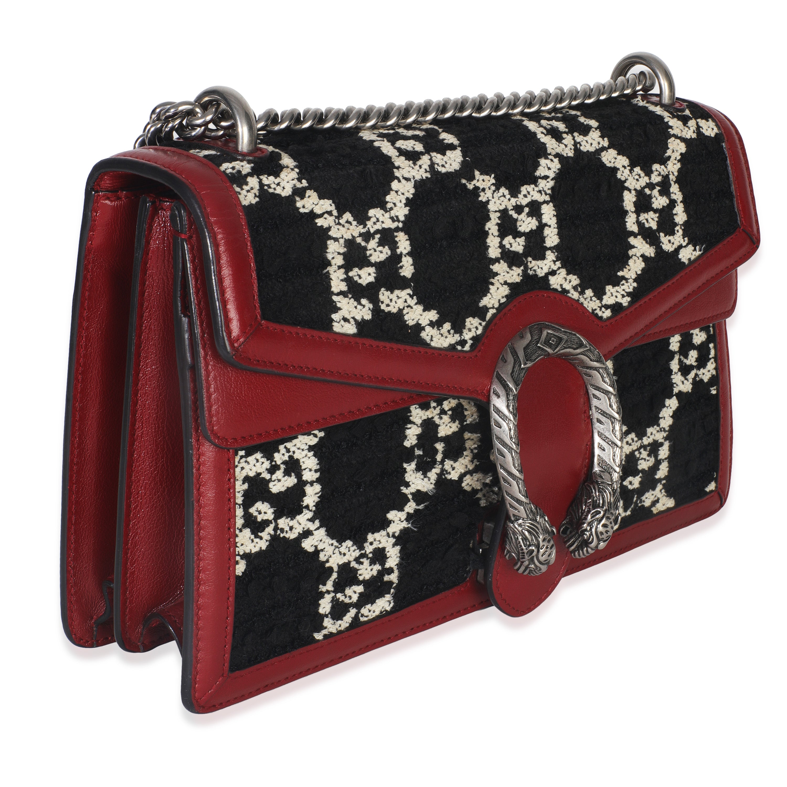 Gucci Black White Red Tweed GG Monogram Medium Dionysus Shoulder Bag
