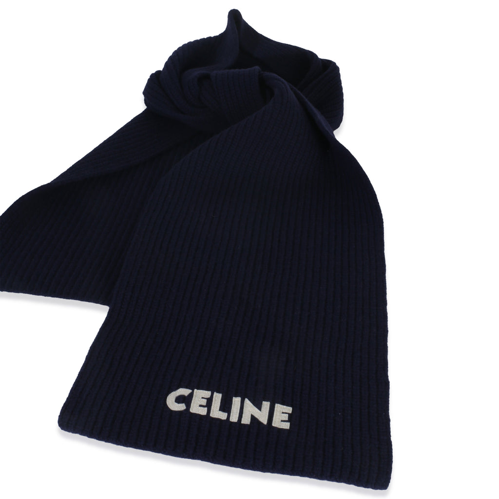 Navy Ribbed Wool Logo Appliqued Scarf