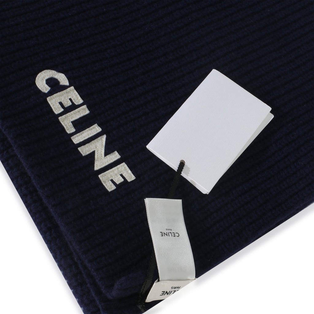 Navy Ribbed Wool Logo Appliqued Scarf