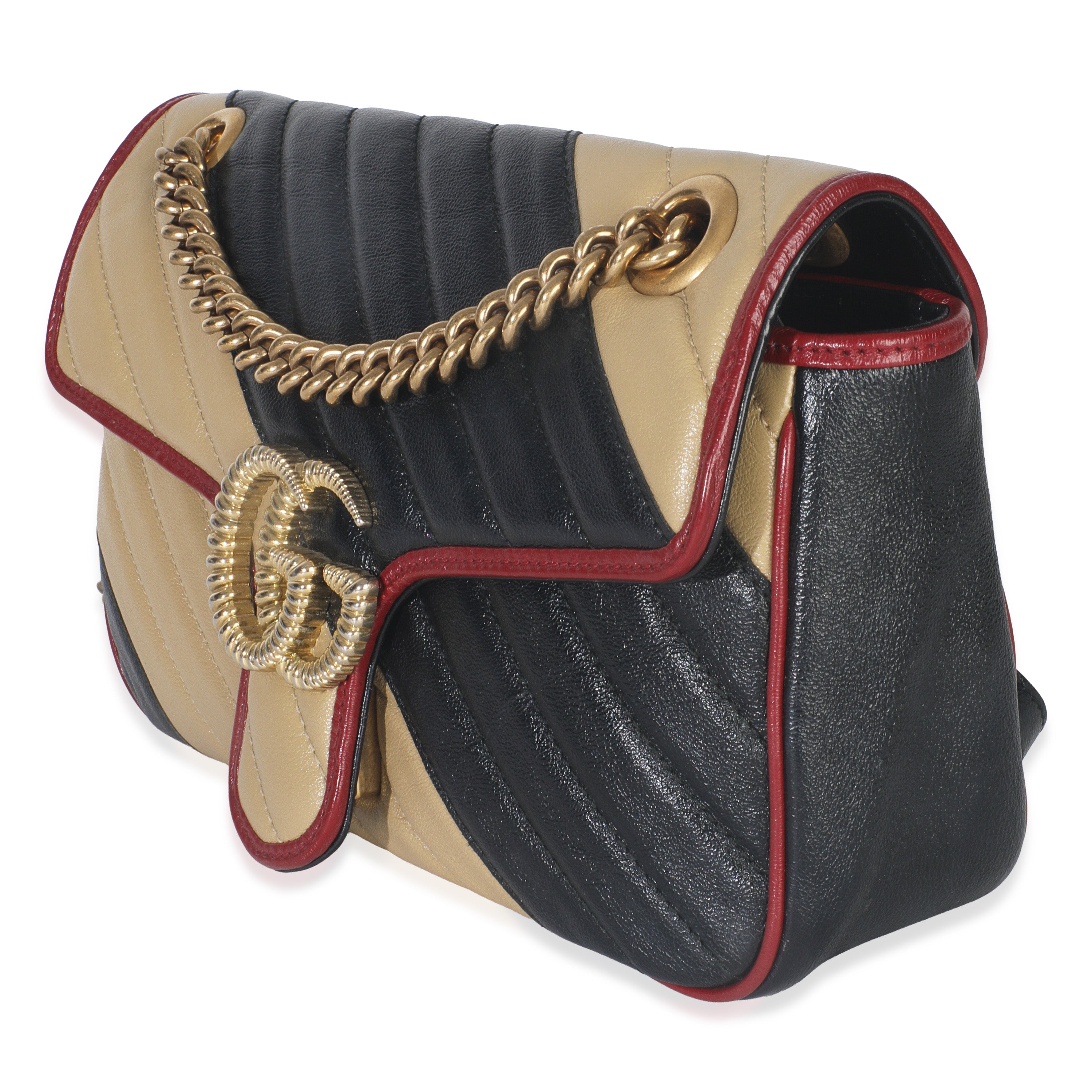 Gucci Black Beige Matelasse Calfskin Torchon Small Marmont Shoulder Bag