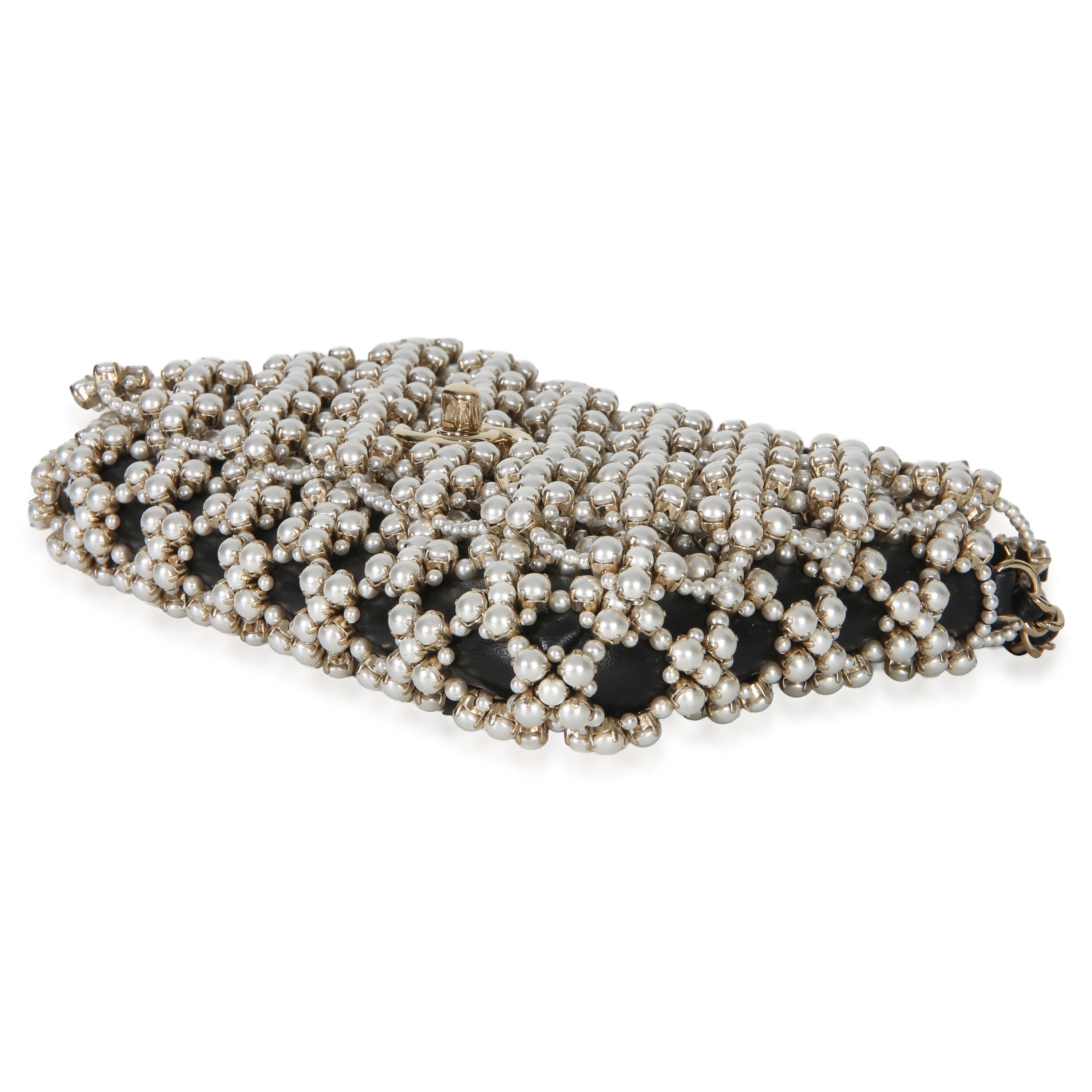 Chanel Black Gold Metal Pearl Embellished Mini Flap Bag