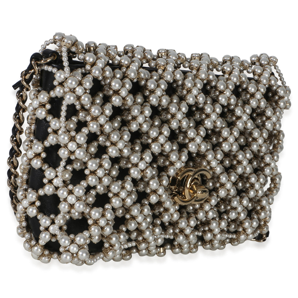 Chanel Black Gold Metal Pearl Embellished Mini Flap Bag