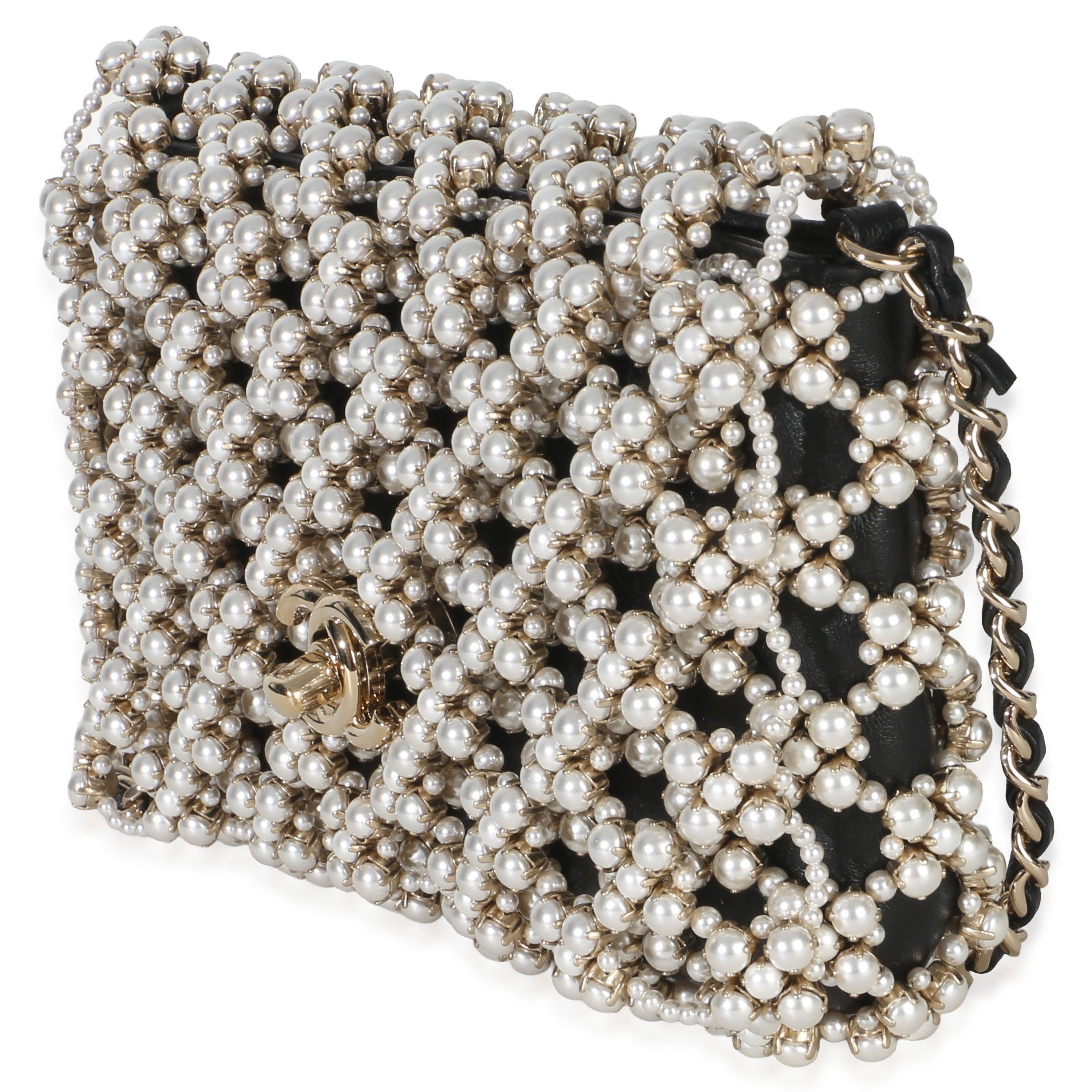 Chanel Black Gold Metal Pearl Embellished Mini Flap Bag