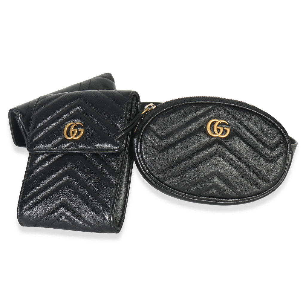 Gucci Black Matelasse Calfskin GG Marmont Triple Pouch Belt Bag
