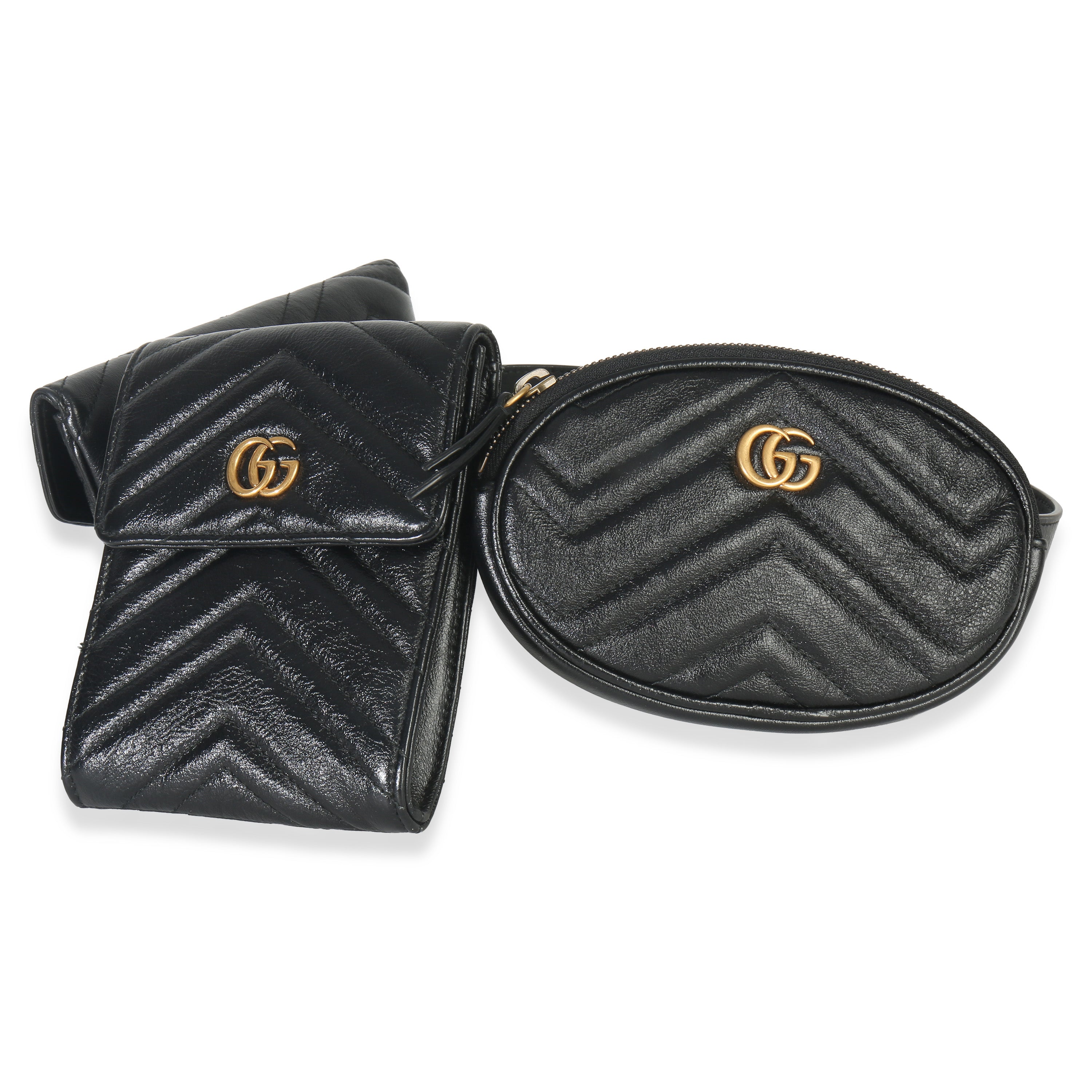 Gucci Black Matelasse Calfskin GG Marmont Triple Pouch Belt Bag