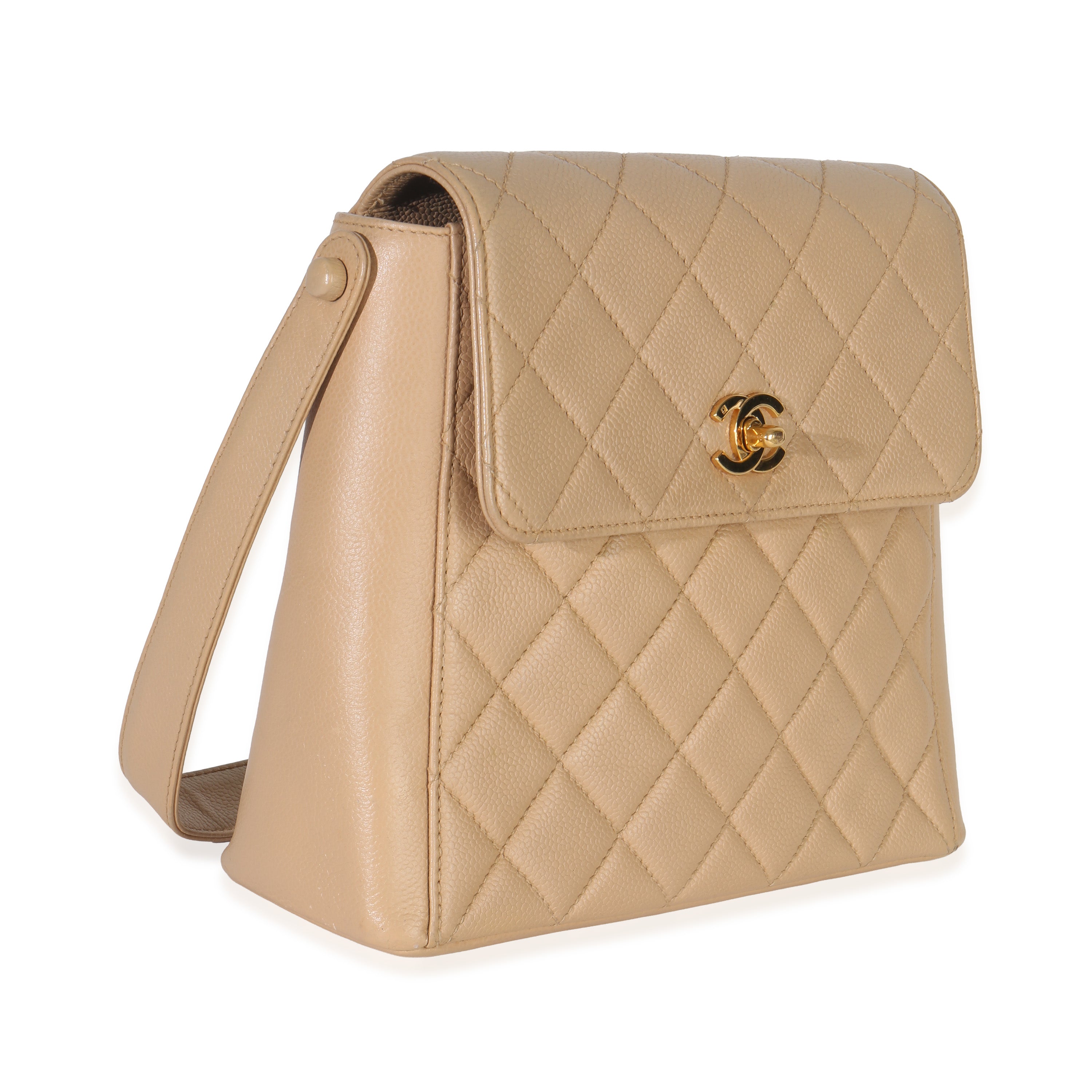 Chanel Vintage 24K Beige Quilted Caviar CC Shoulder Handbag