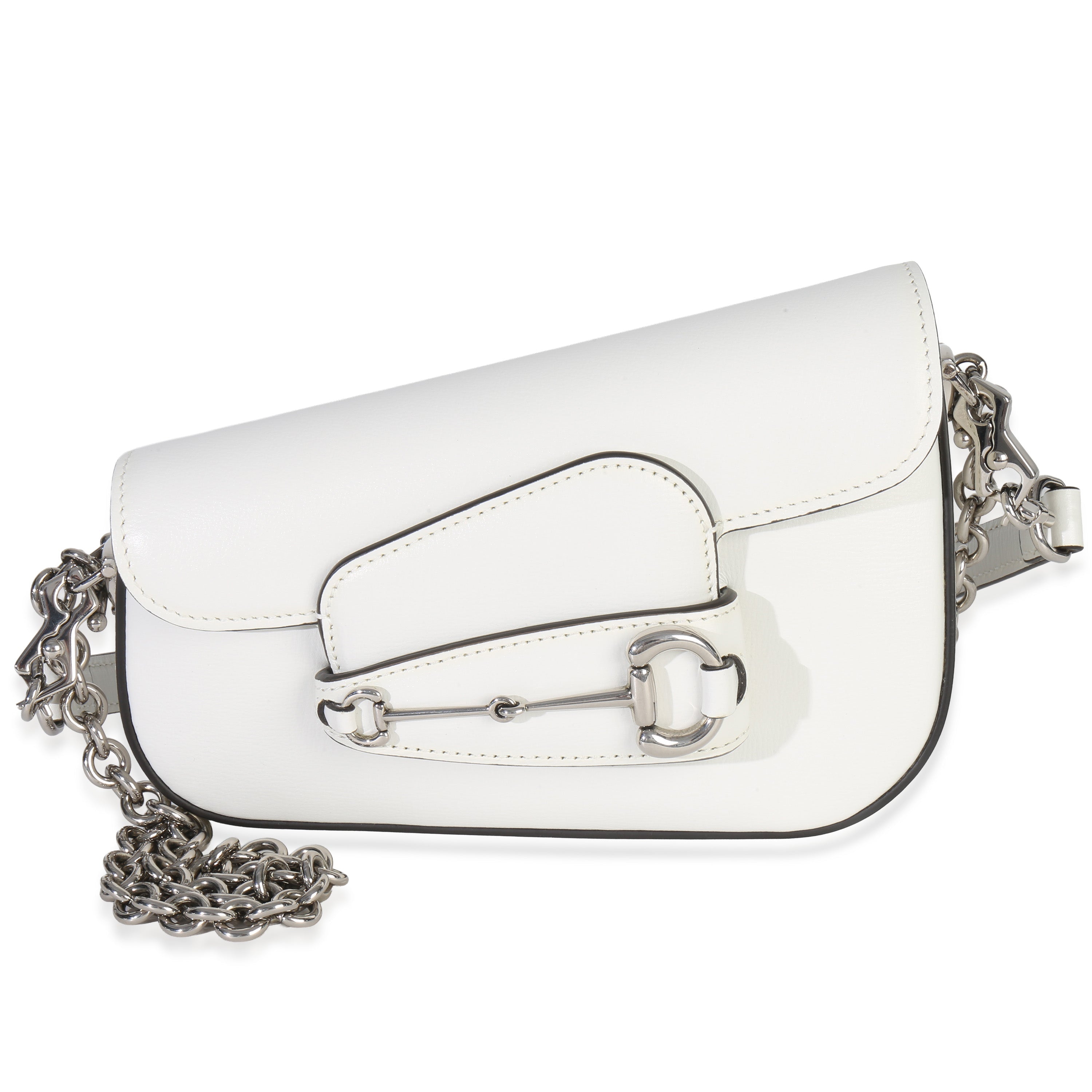Gucci White Calfskin Mini Asymmetric Horsebit 1955 Shoulder Bag