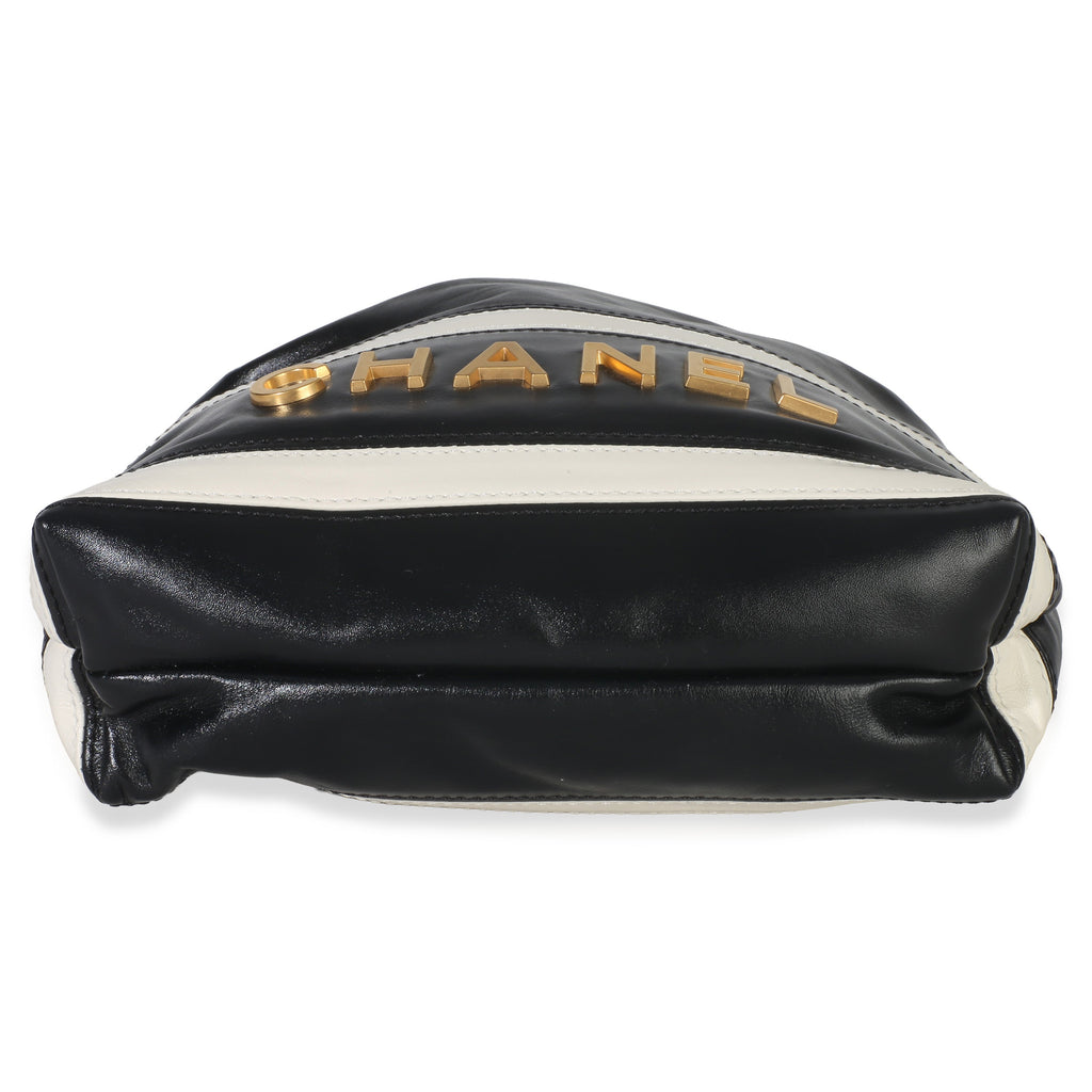 Chanel Black White Striped Shiny Calfskin Mini Chanel 22 Hobo