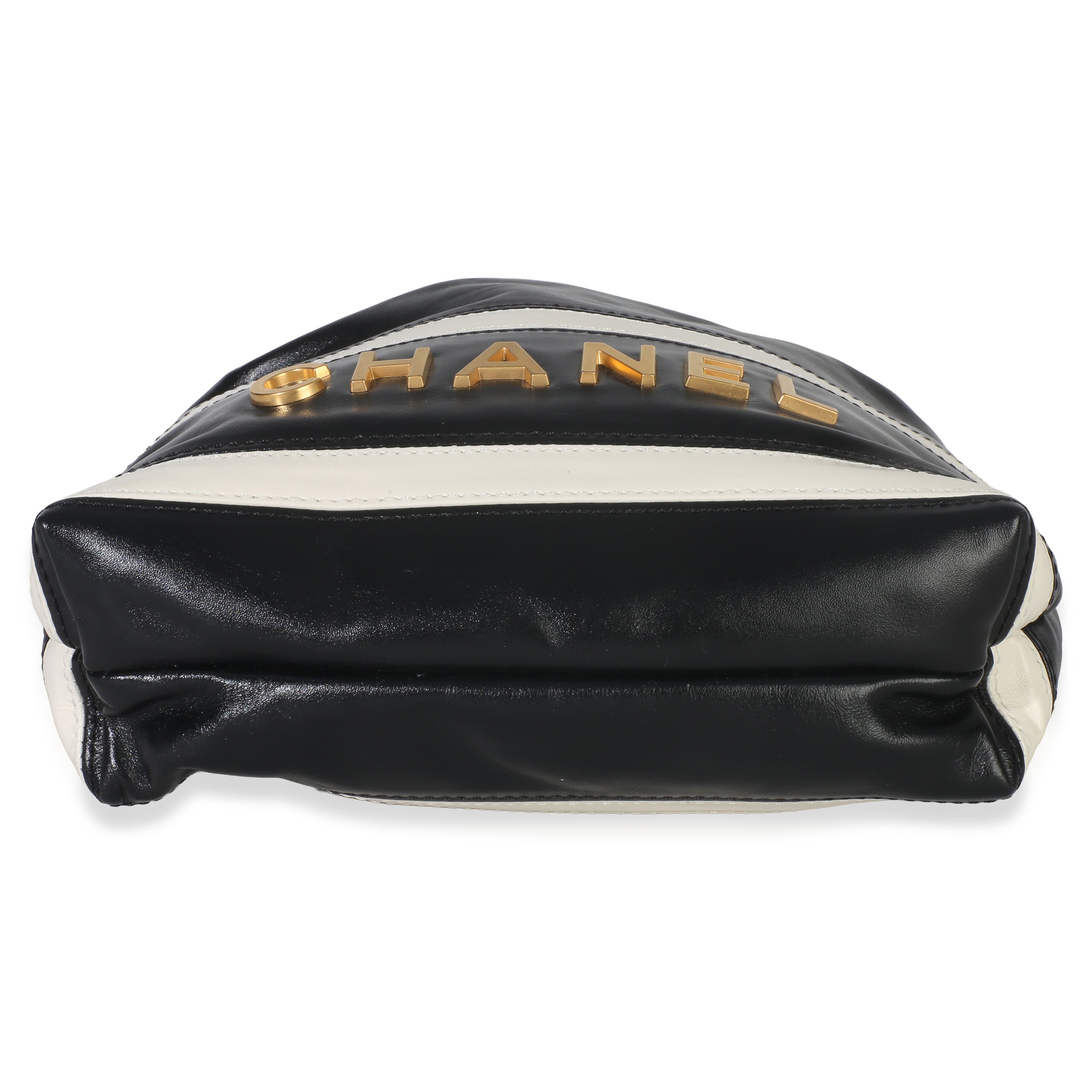 Chanel Black White Striped Shiny Calfskin Mini Chanel 22 Hobo