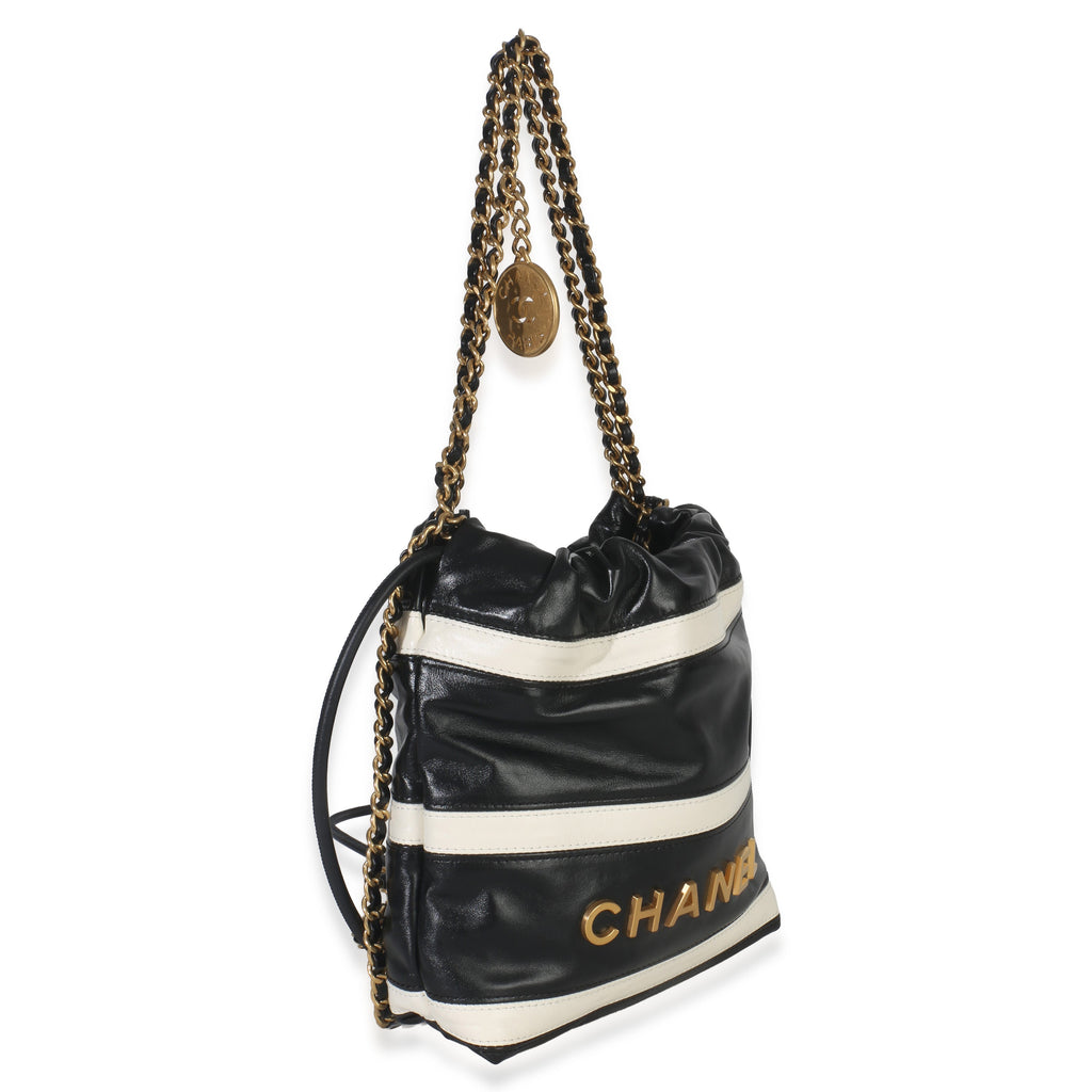 Chanel Black White Striped Shiny Calfskin Mini Chanel 22 Hobo