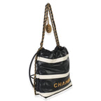 Chanel Black White Striped Shiny Calfskin Mini Chanel 22 Hobo