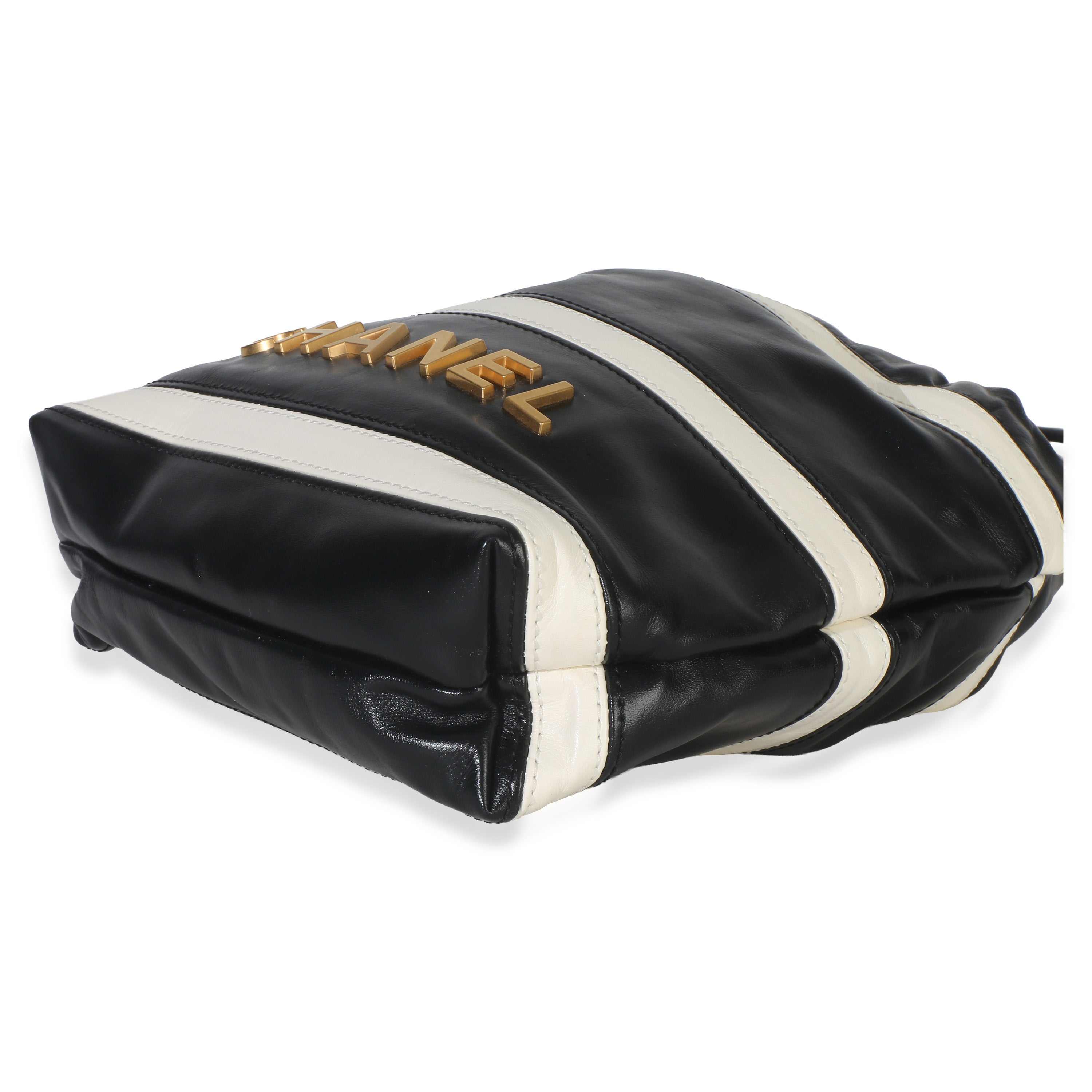 Chanel Black White Striped Shiny Calfskin Mini Chanel 22 Hobo