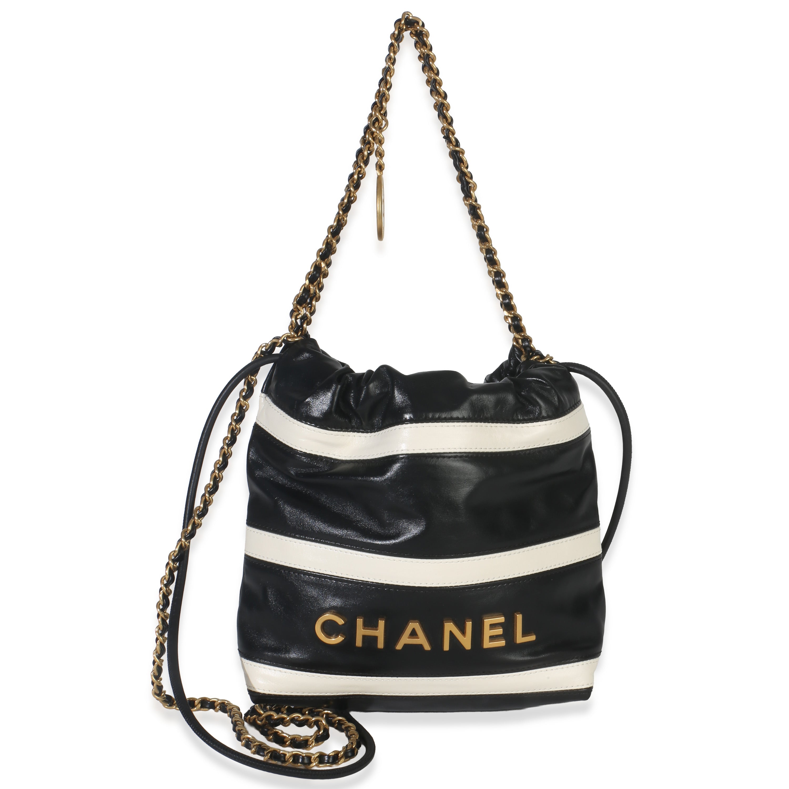 Chanel Black White Striped Shiny Calfskin Mini Chanel 22 Hobo