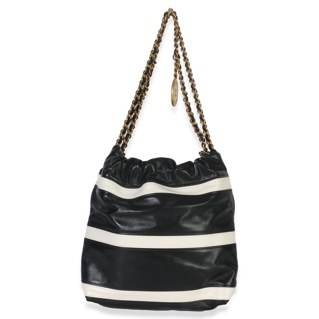 Chanel Black White Striped Shiny Calfskin Mini Chanel 22 Hobo