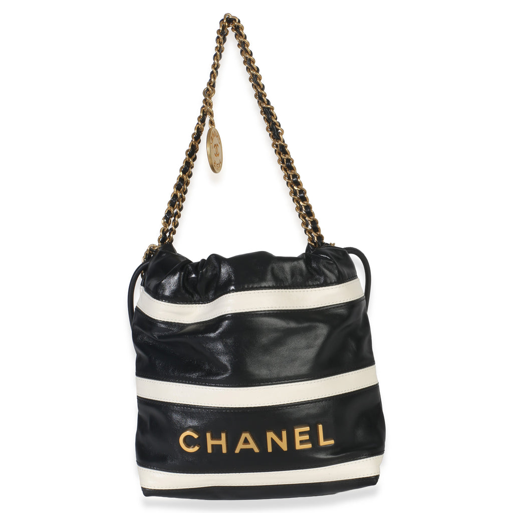 Chanel Black White Striped Shiny Calfskin Mini Chanel 22 Hobo