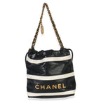Chanel Black White Striped Shiny Calfskin Mini Chanel 22 Hobo