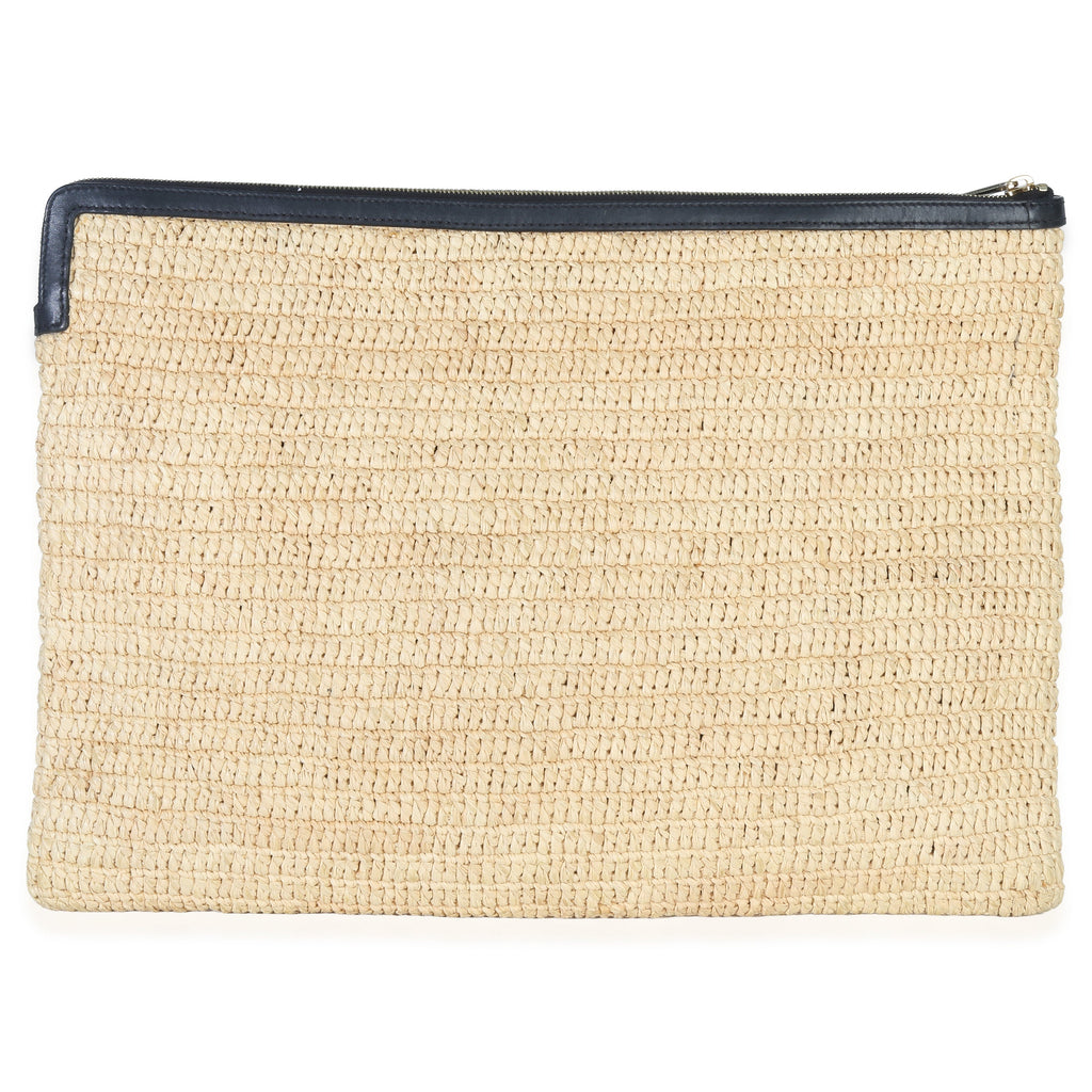 Beige Raffia Sequin Logo Clutch