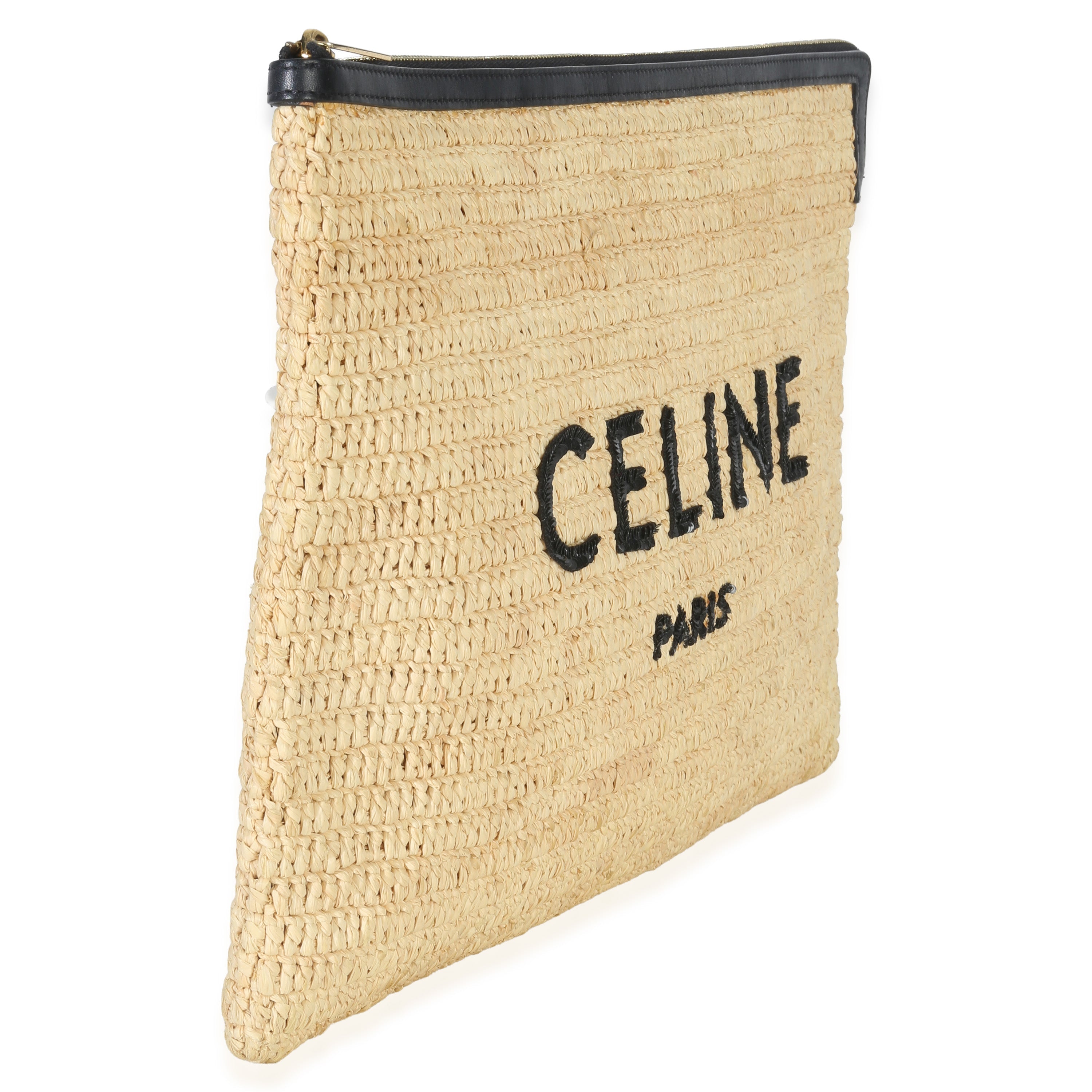 Beige Raffia Sequin Logo Clutch
