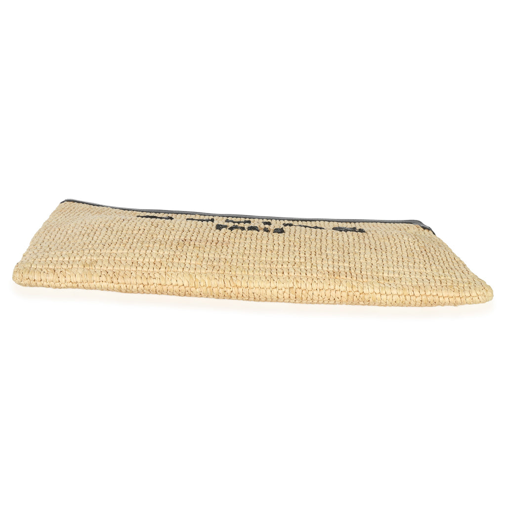 Beige Raffia Sequin Logo Clutch