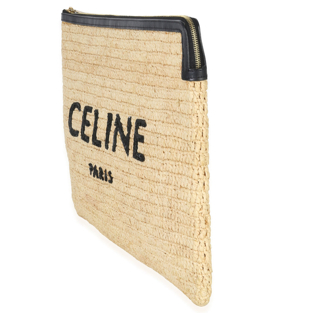 Beige Raffia Sequin Logo Clutch