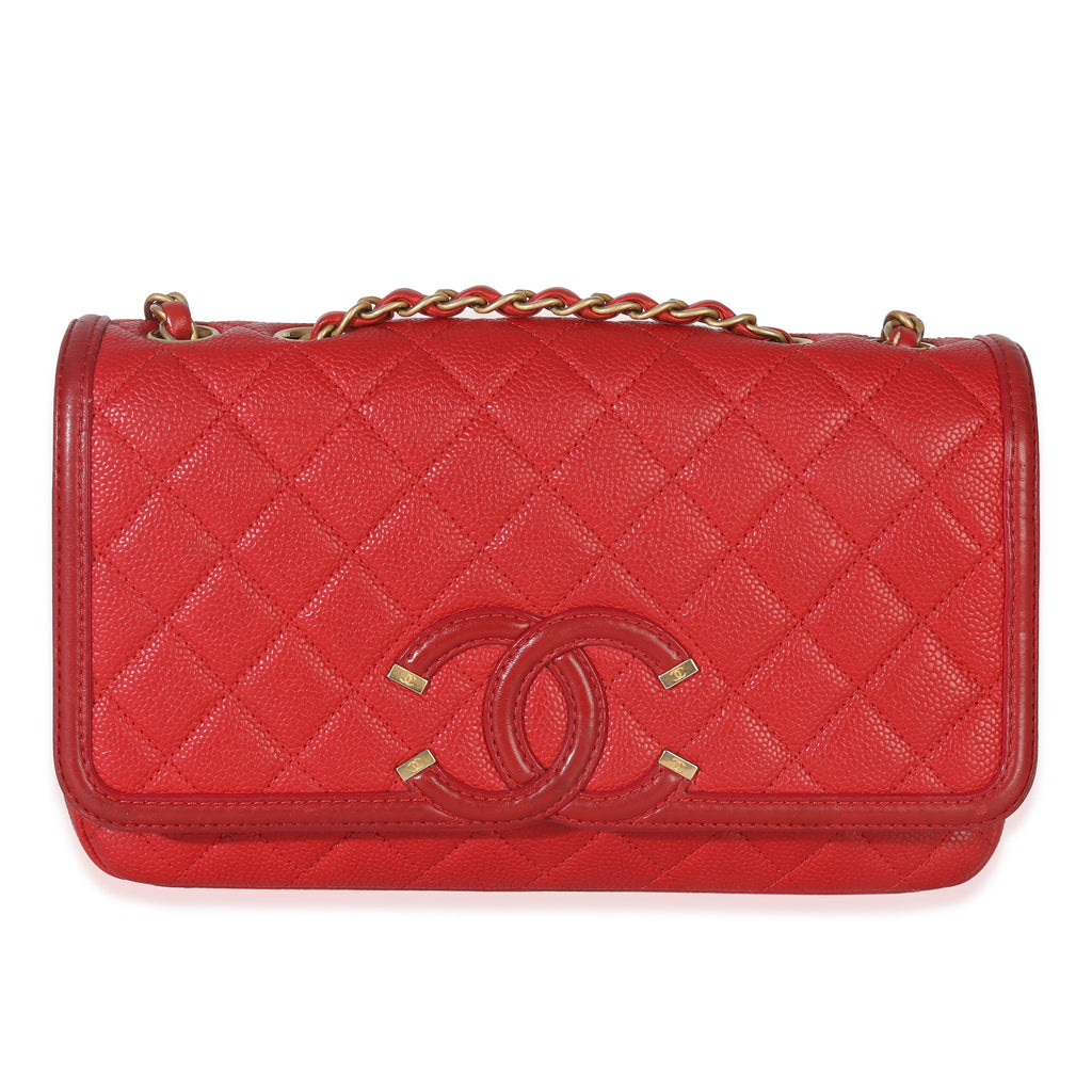 Chanel Red Quilted Caviar Medium Filigree Flap Handbag