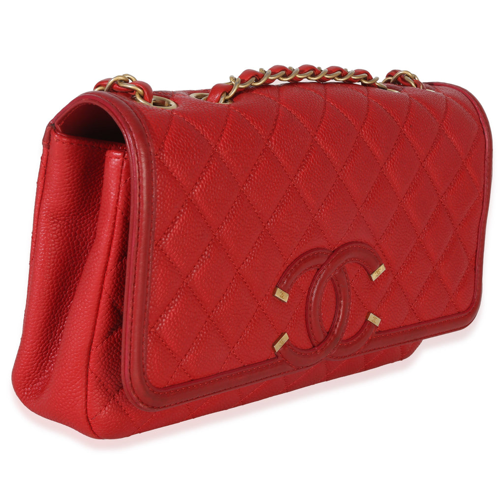 Chanel Red Quilted Caviar Medium Filigree Flap Handbag