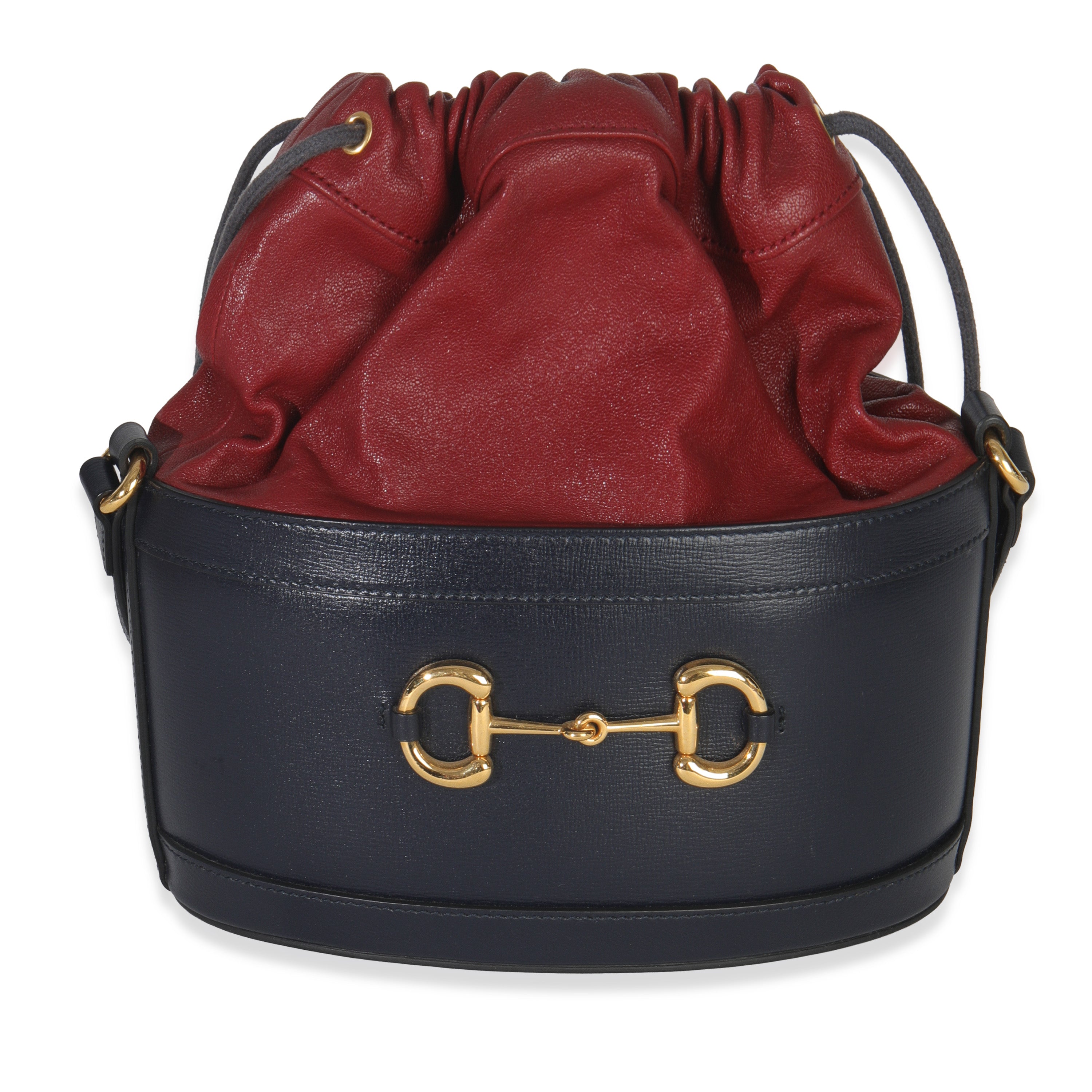 Gucci Red Navy Calfskin Horsebit 1955 Drawstring Bucket Bag