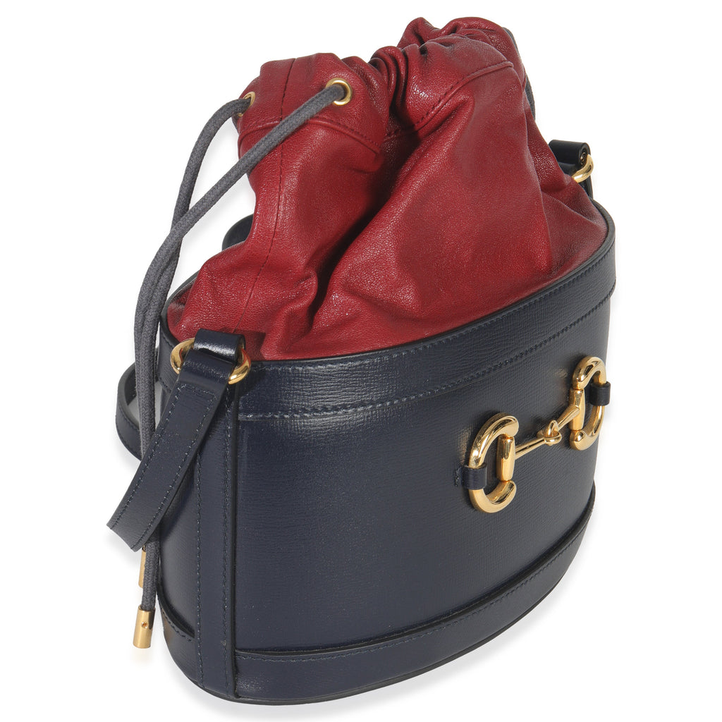 Gucci Red Navy Calfskin Horsebit 1955 Drawstring Bucket Bag