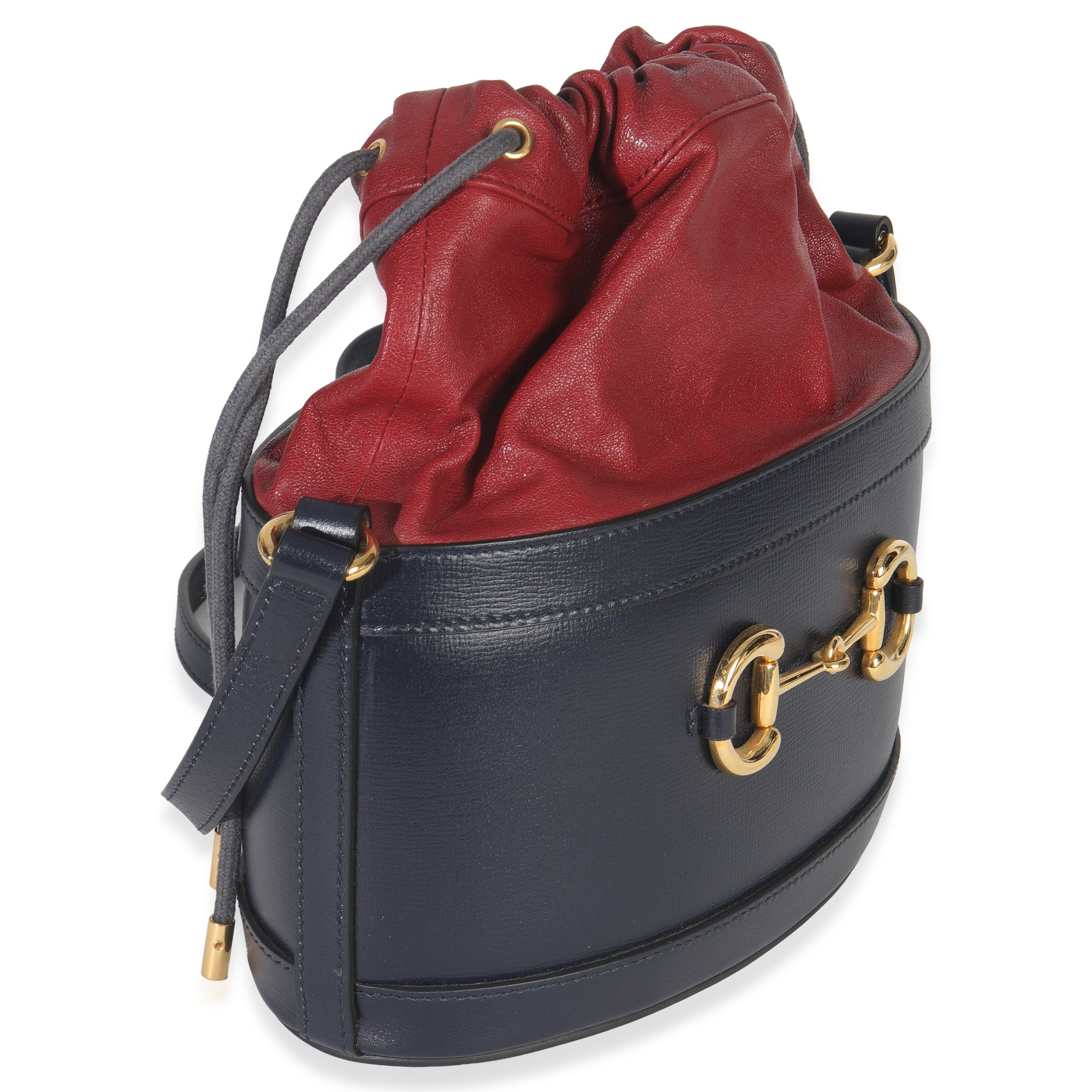 Gucci Red Navy Calfskin Horsebit 1955 Drawstring Bucket Bag
